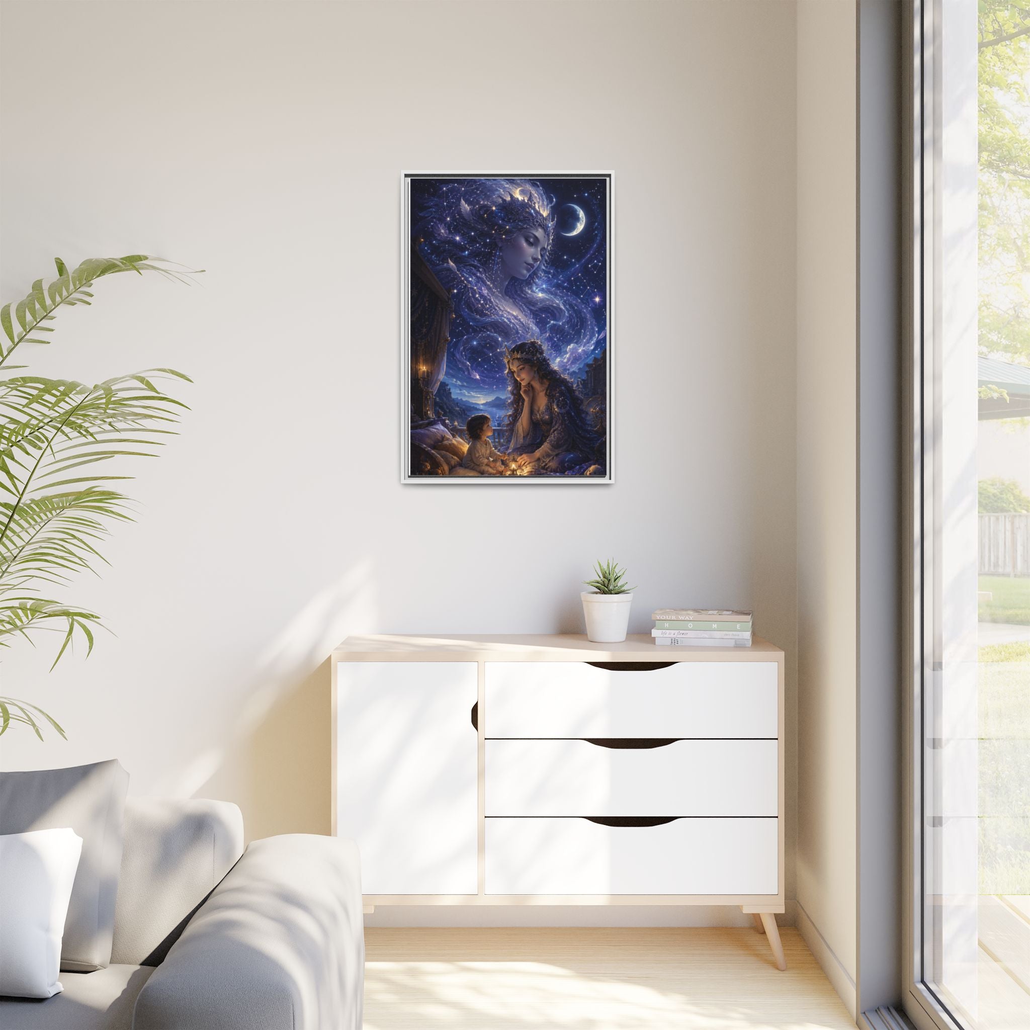 Framed Matte Canvas — Mystical Moon Mother & Child Nightscape Wall Art