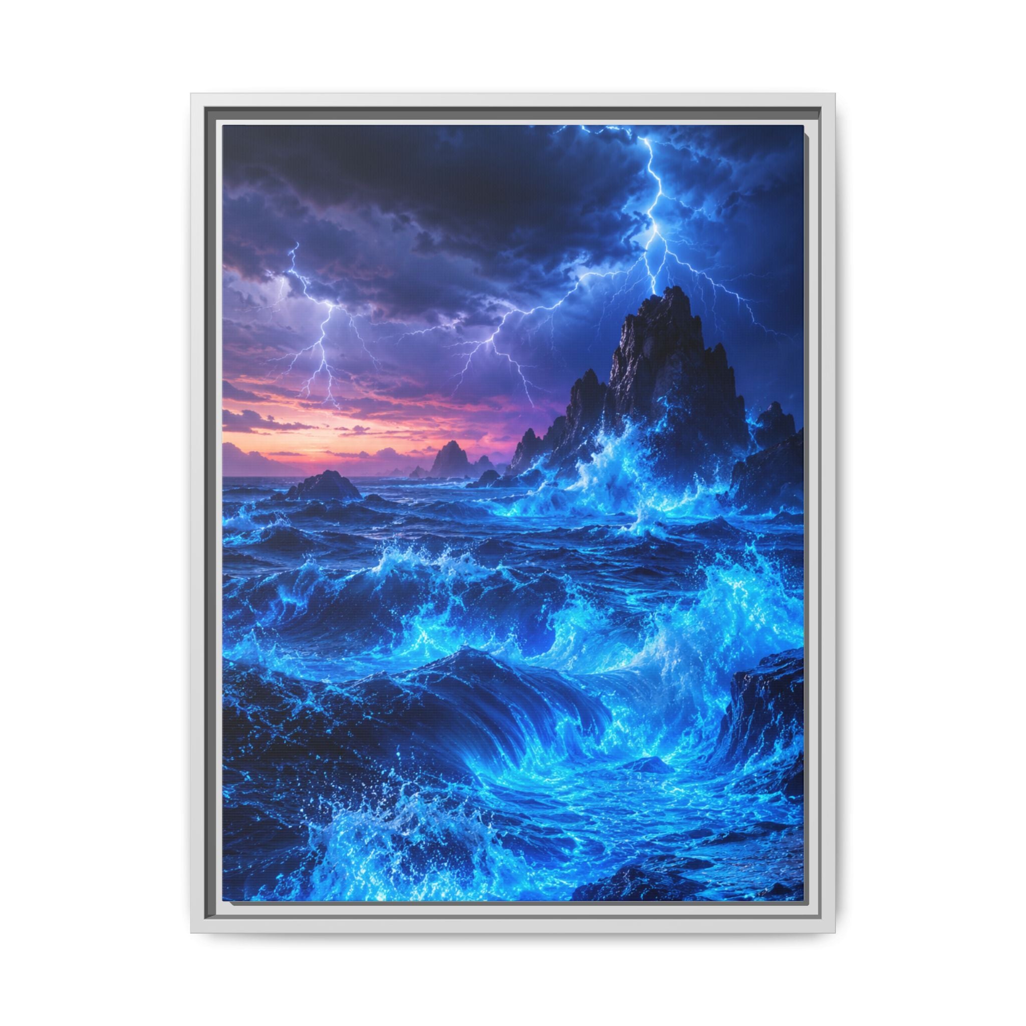 Framed Matte Canvas Art — Electric Stormy Ocean Landscape