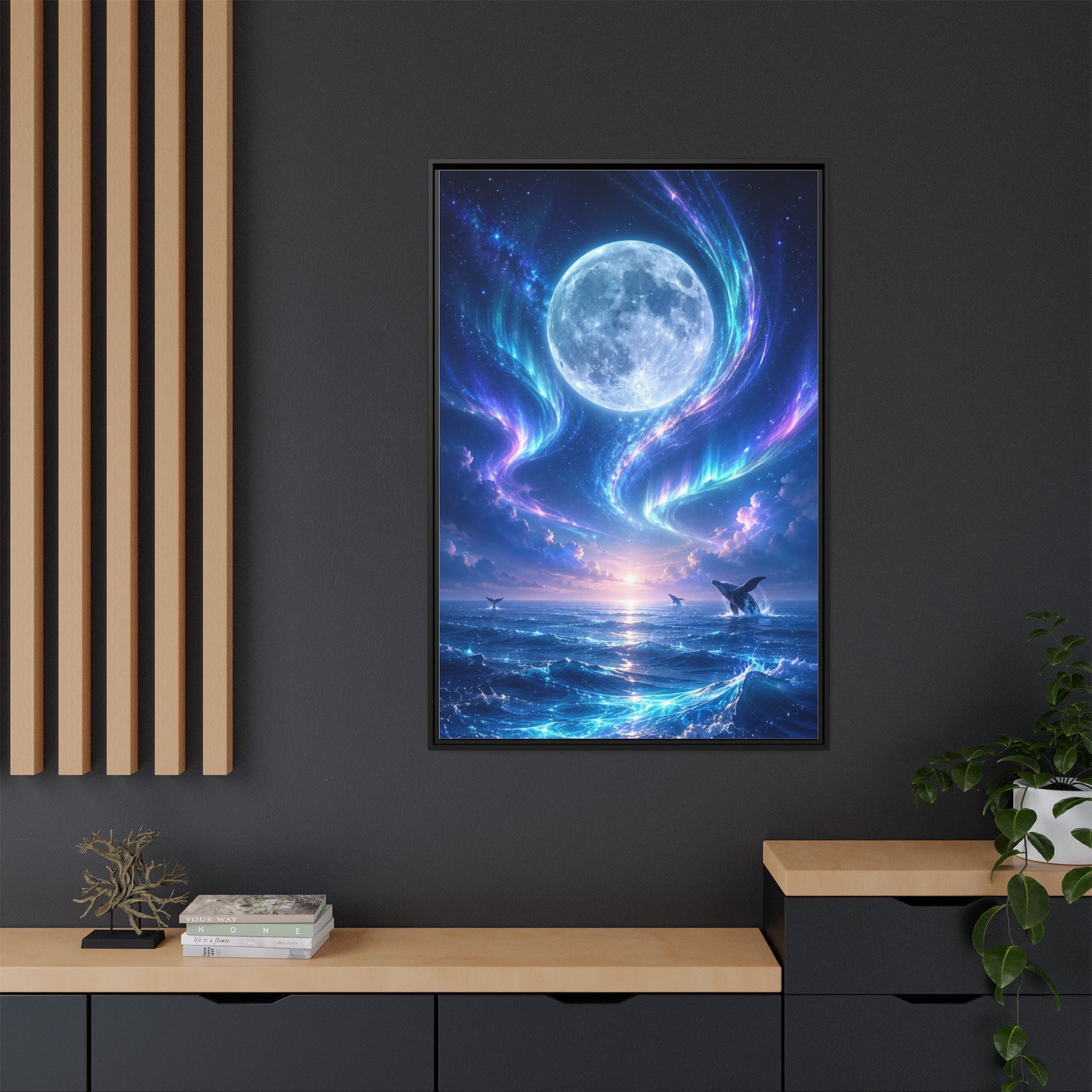 Framed Canvas Art - Lunar Aurora Ocean Scene