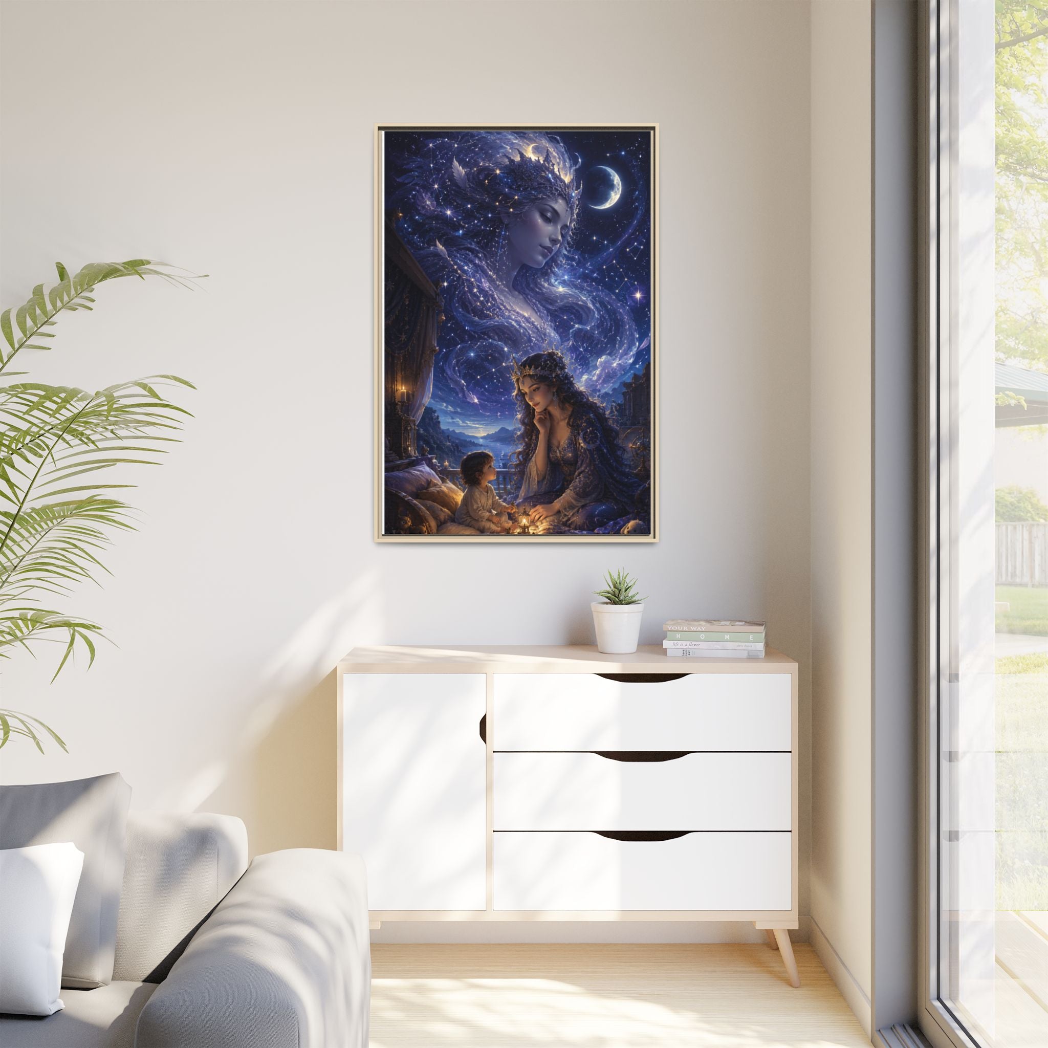 Framed Matte Canvas — Mystical Moon Mother & Child Nightscape Wall Art