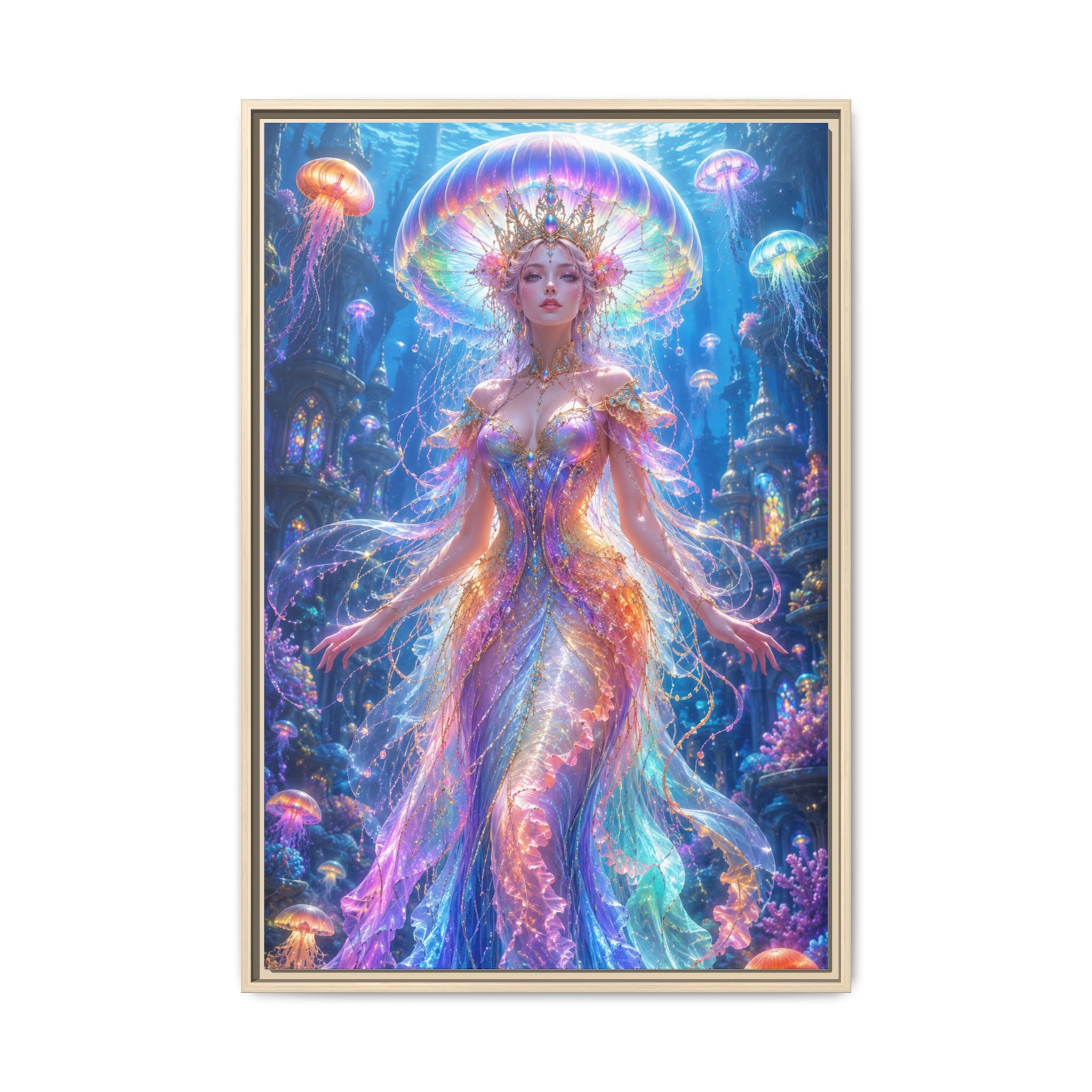 Jellyfish Queen Framed Canvas Art — Vibrant Mermaid Goddess Wall Print