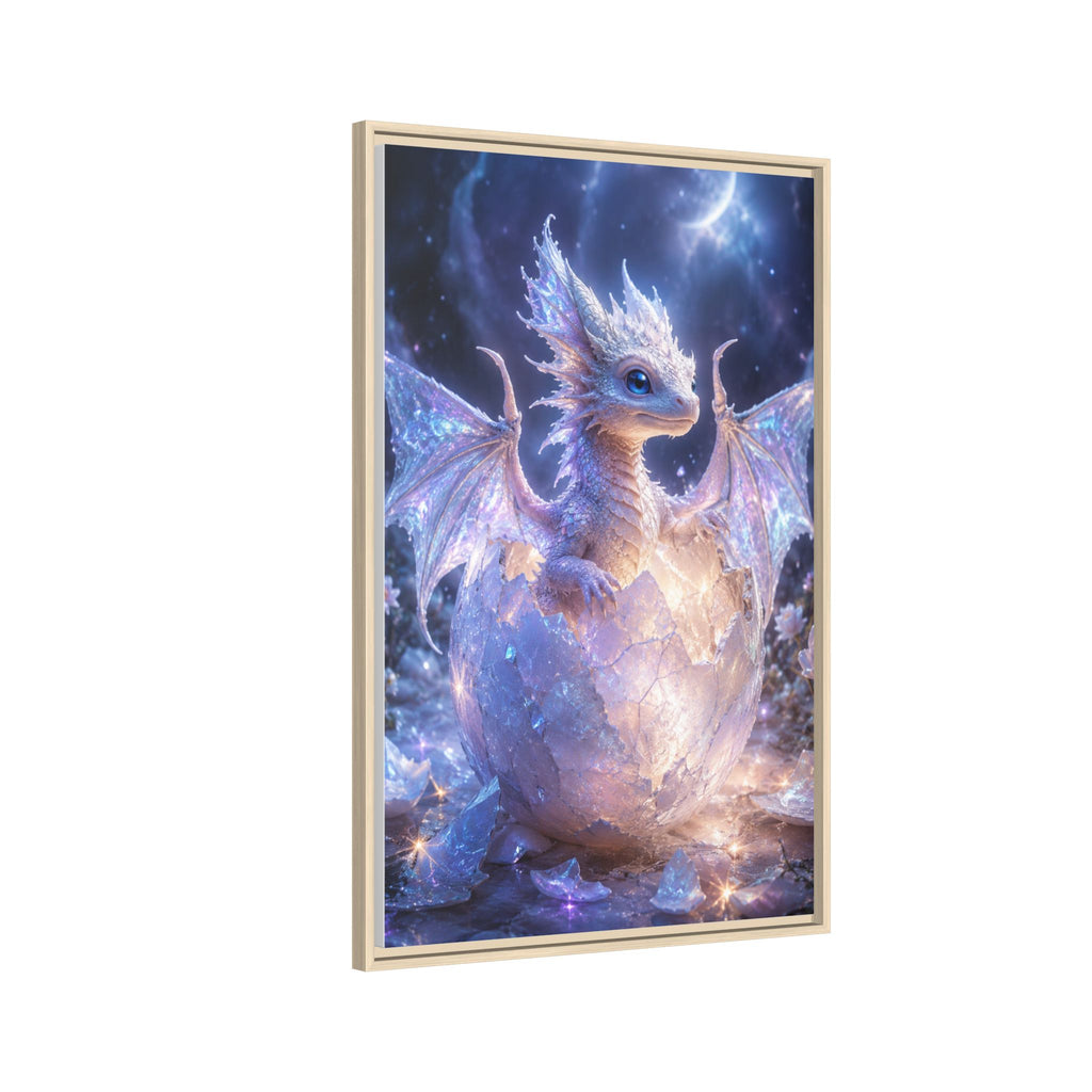Framed Fantasy Dragon Canvas Print — Mystical Baby Dragon in Cracked Egg Wall Art