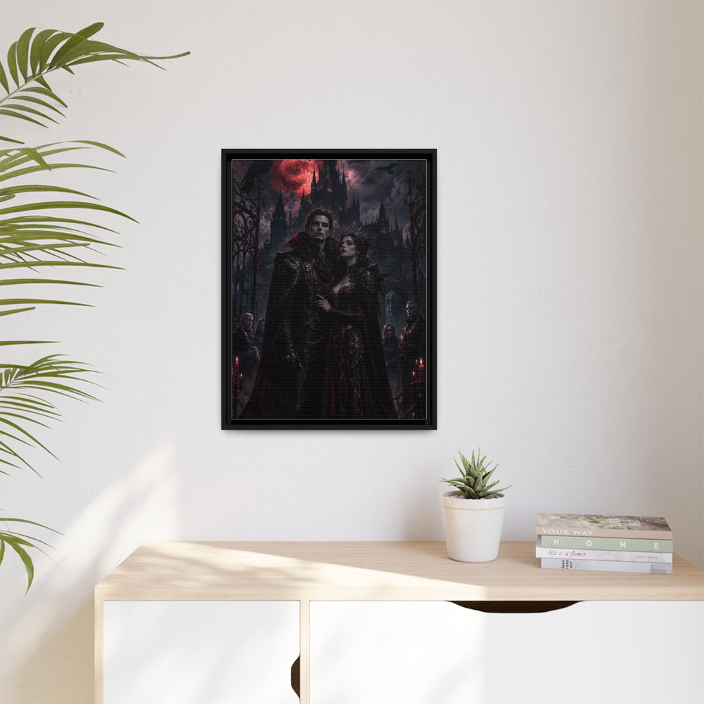Vampire Couple Matte Framed Canvas Art – Gothic Red Moon Wall Decor