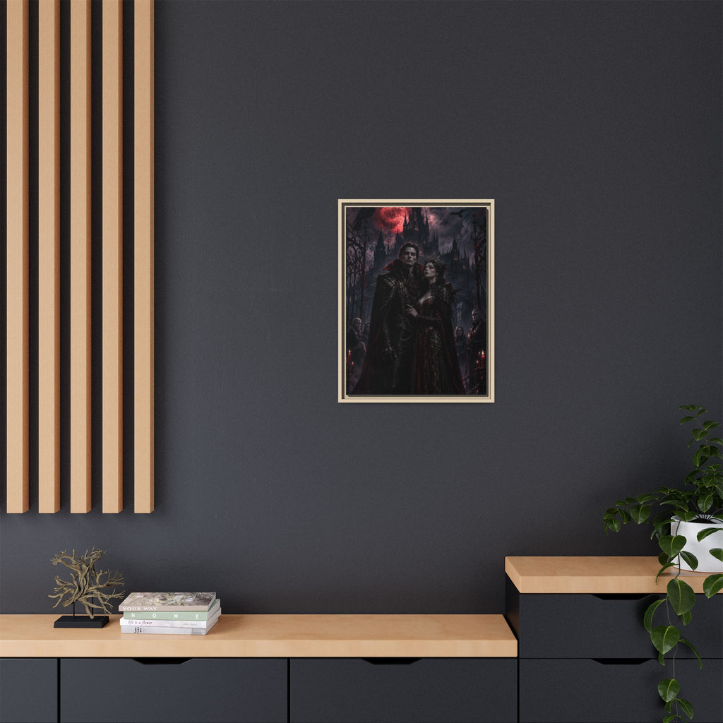 Vampire Couple Matte Framed Canvas Art – Gothic Red Moon Wall Decor