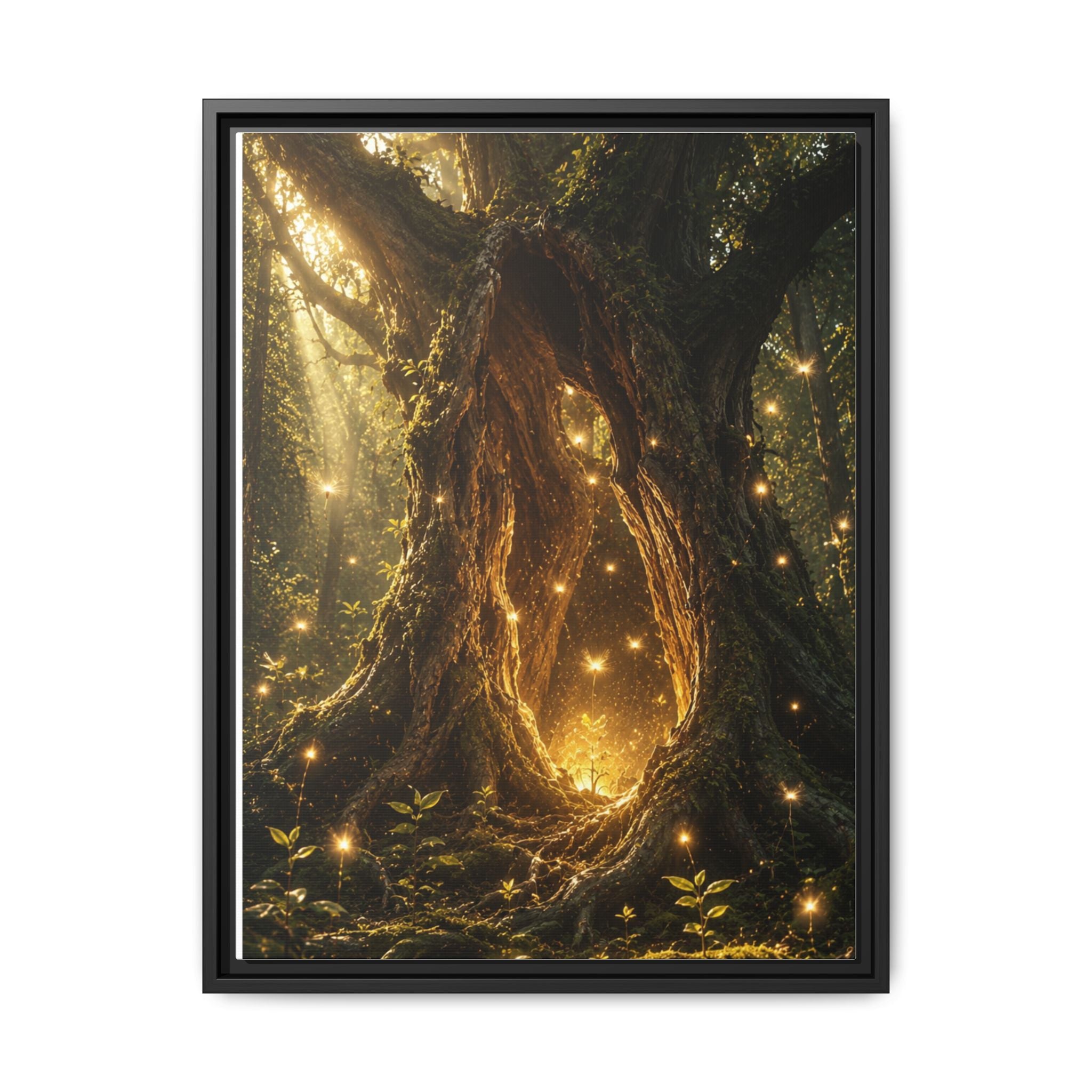 Framed Canvas Art - Enchanted Forest Tree with Glowing Fireflies