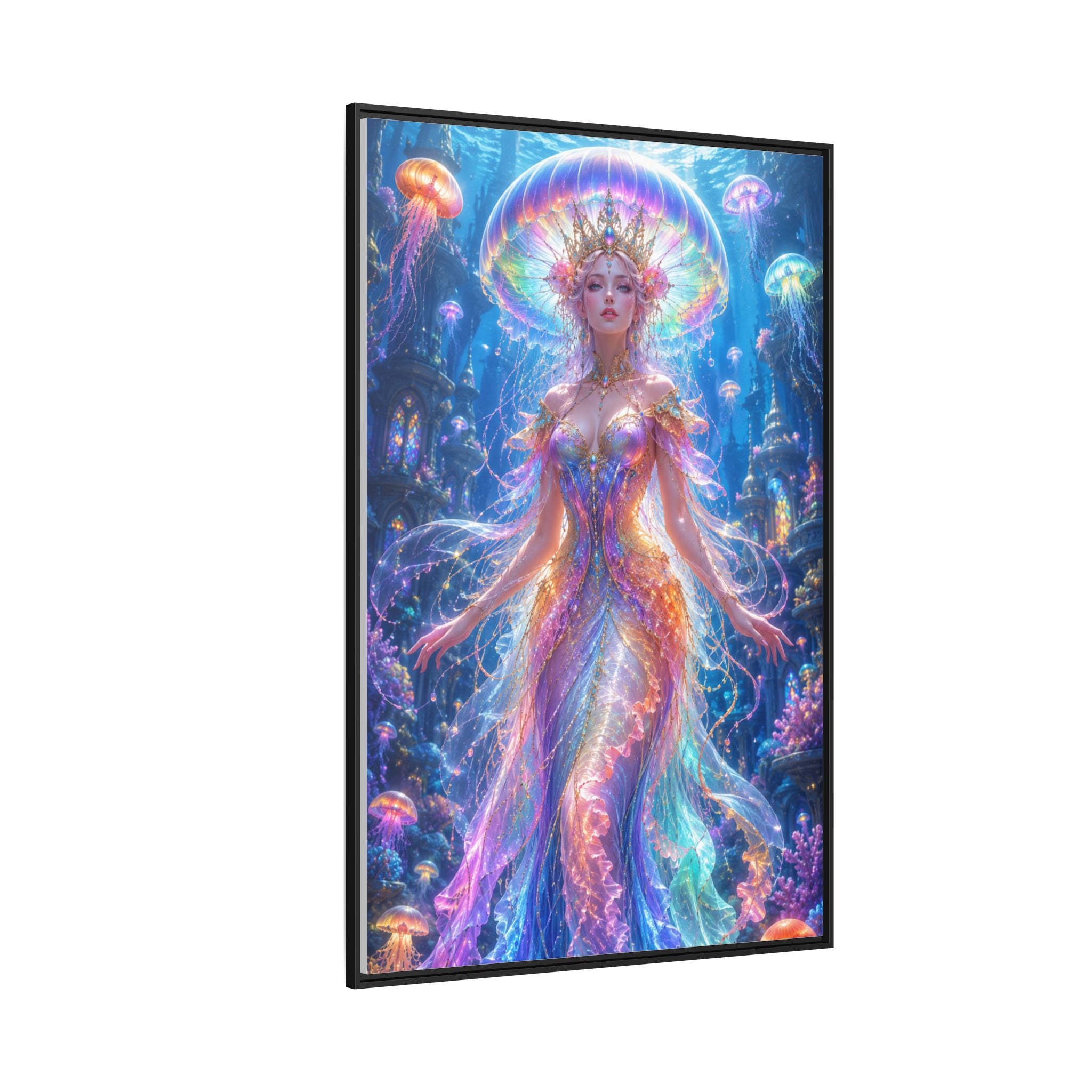 Jellyfish Queen Framed Canvas Art — Vibrant Mermaid Goddess Wall Print