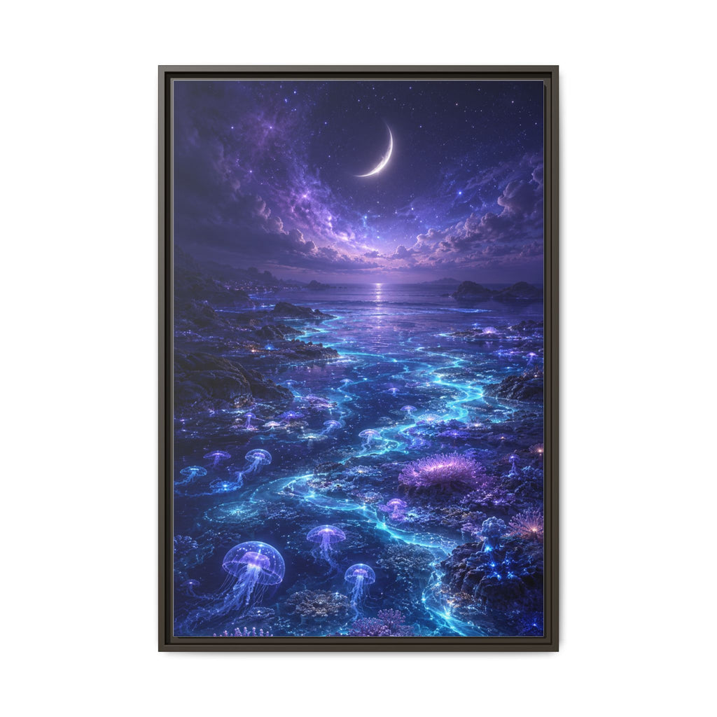 Framed Canvas Art — Bioluminescent Moonlit Ocean Scene