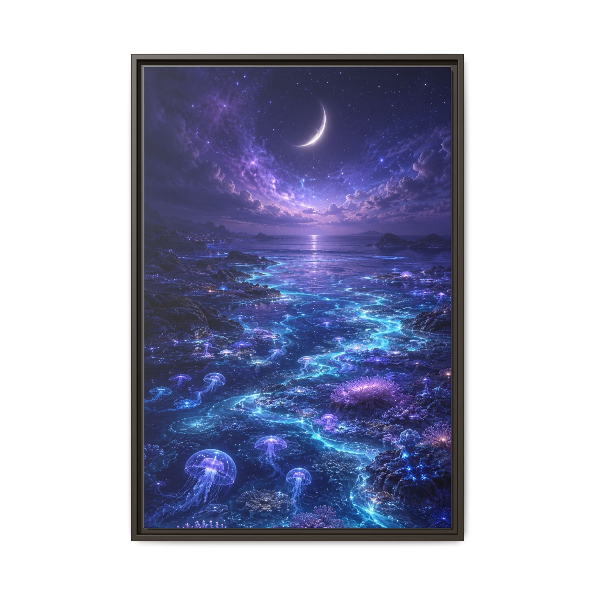 Framed Canvas Art — Bioluminescent Moonlit Ocean Scene
