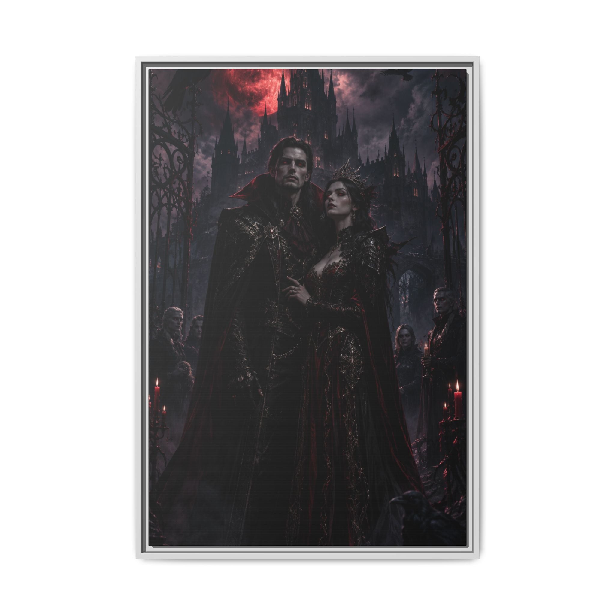 Vampire Couple Matte Fine Art Paper Print – Gothic Red Moon Wall Decor