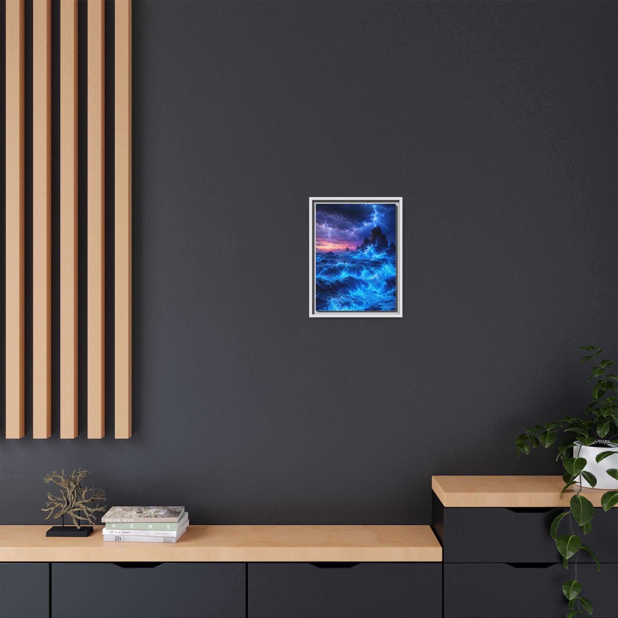 Framed Matte Canvas Art — Electric Stormy Ocean Landscape