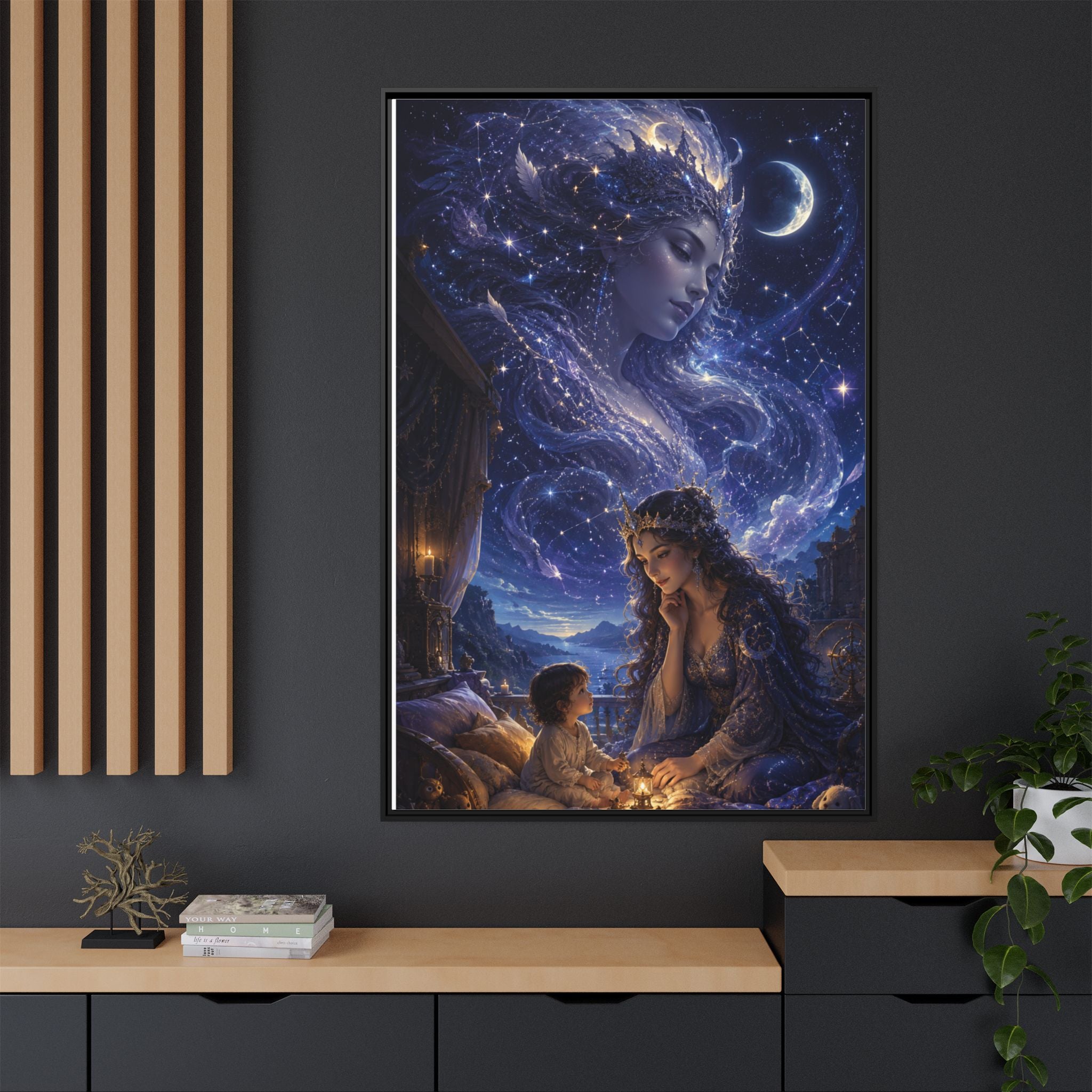 Framed Matte Canvas — Mystical Moon Mother & Child Nightscape Wall Art