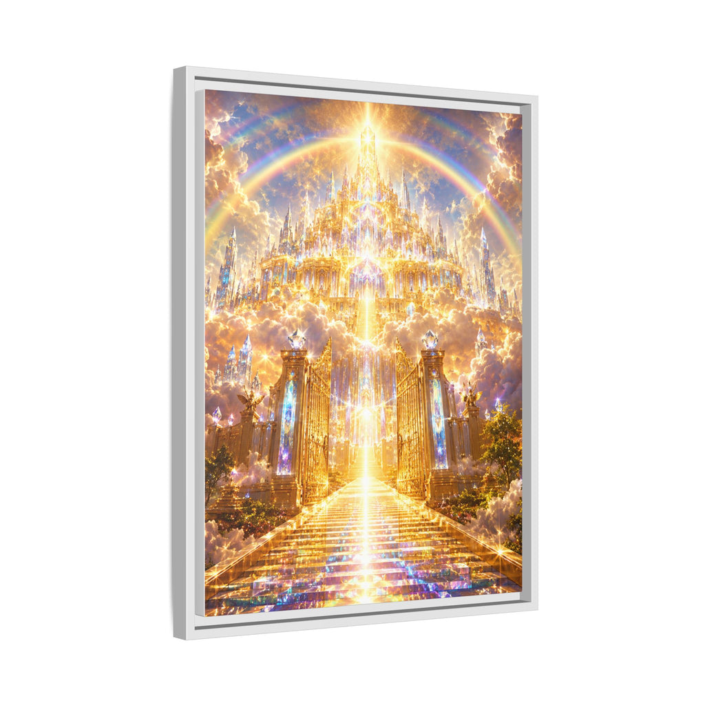 Heavenly Gateway Matte Framed Canvas — Golden Rainbow Spiritual Wall Art