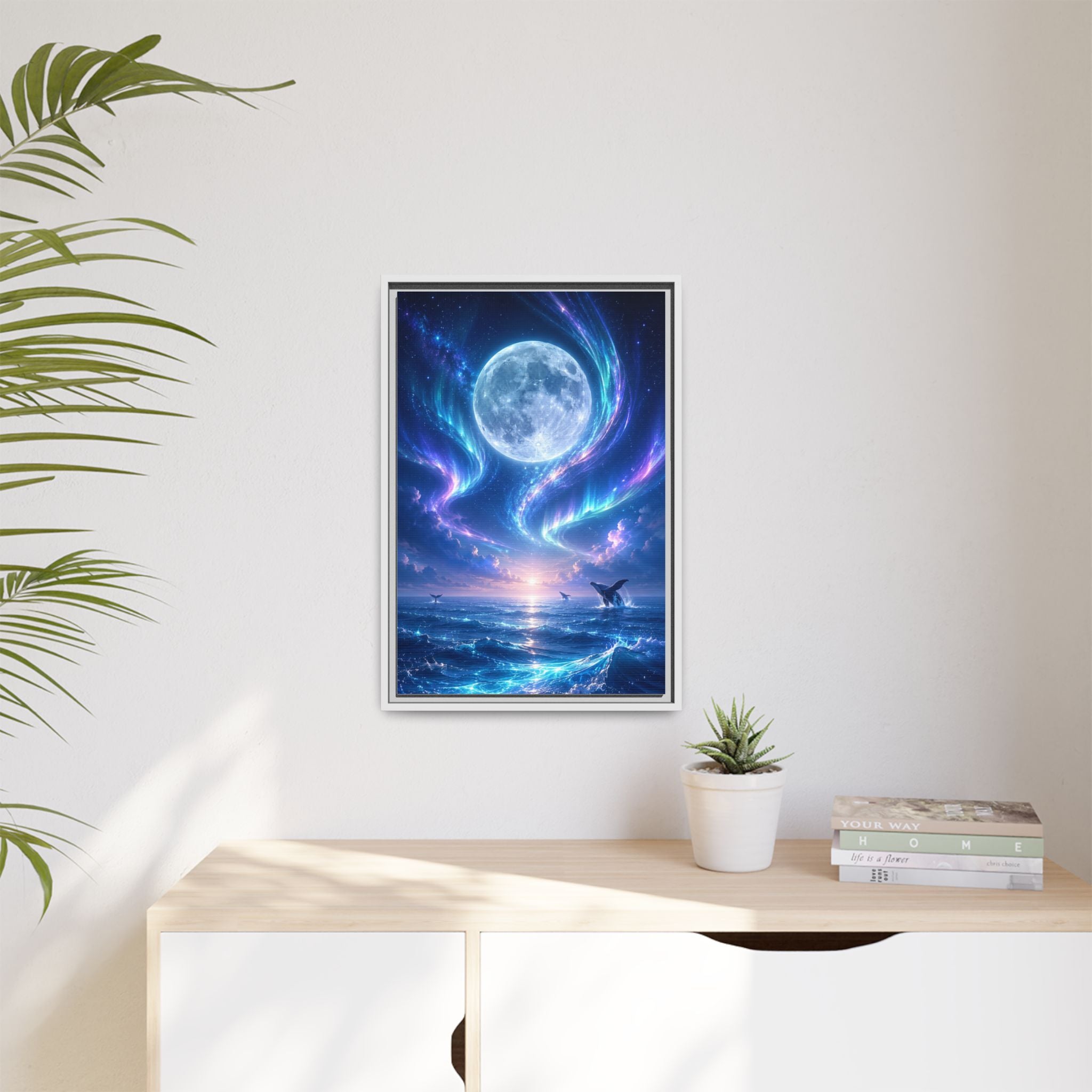 Framed Canvas Art - Lunar Aurora Ocean Scene