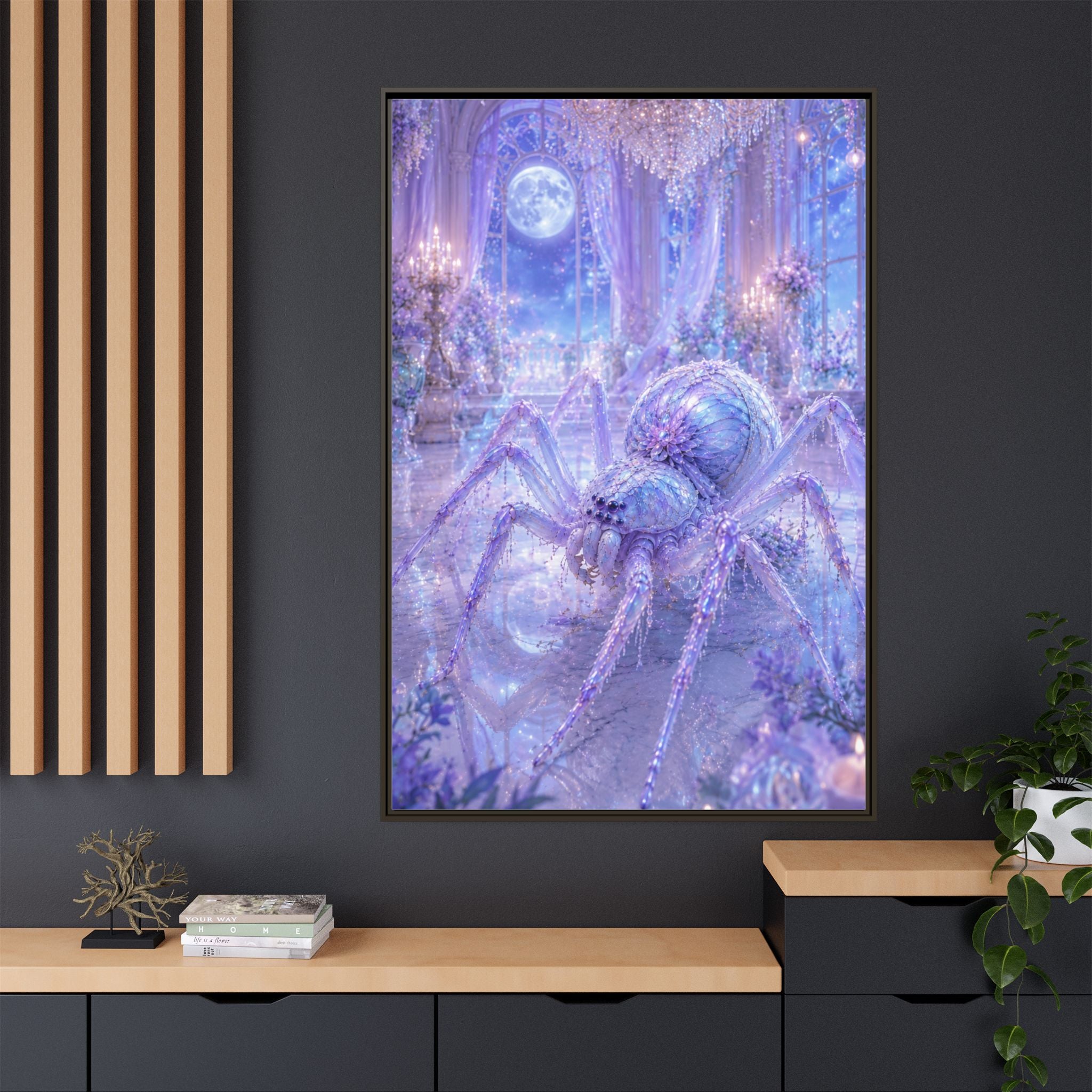 Moonlit Spider Fantasy Canvas Print — Lavender Enchanted Wall Art (Framed)
