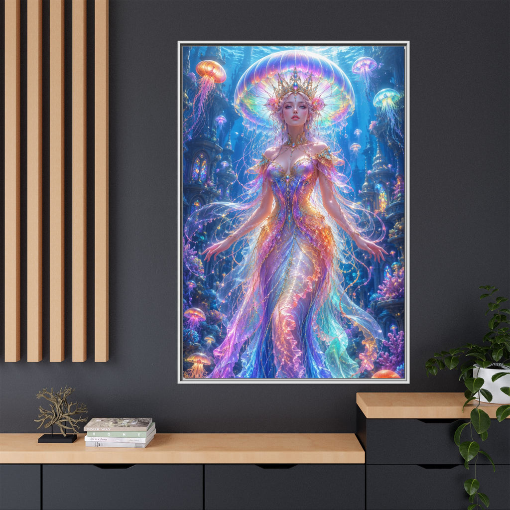 Jellyfish Queen Framed Canvas Art — Vibrant Mermaid Goddess Wall Print
