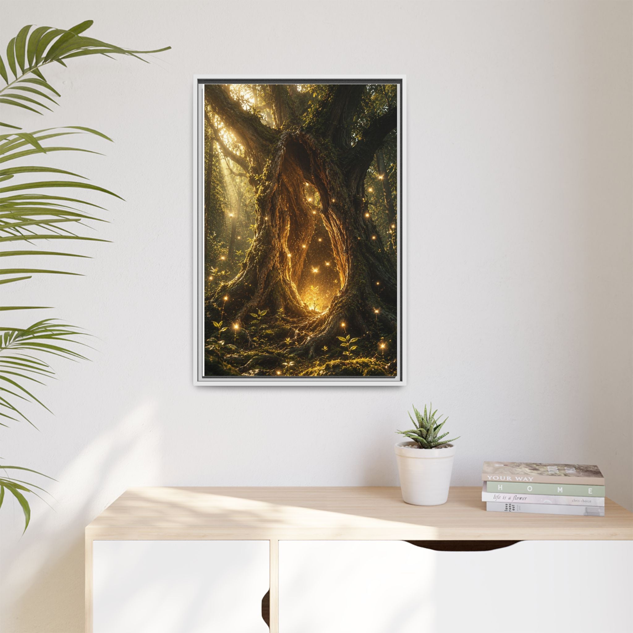 Framed Canvas Art - Enchanted Forest Tree with Glowing Fireflies