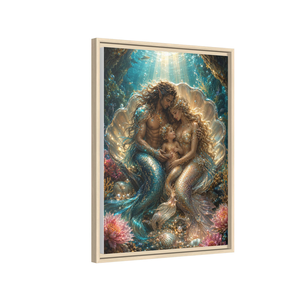Framed Mermaid Family Art Print — Oceanic Fantasy Canvas Wall Decor