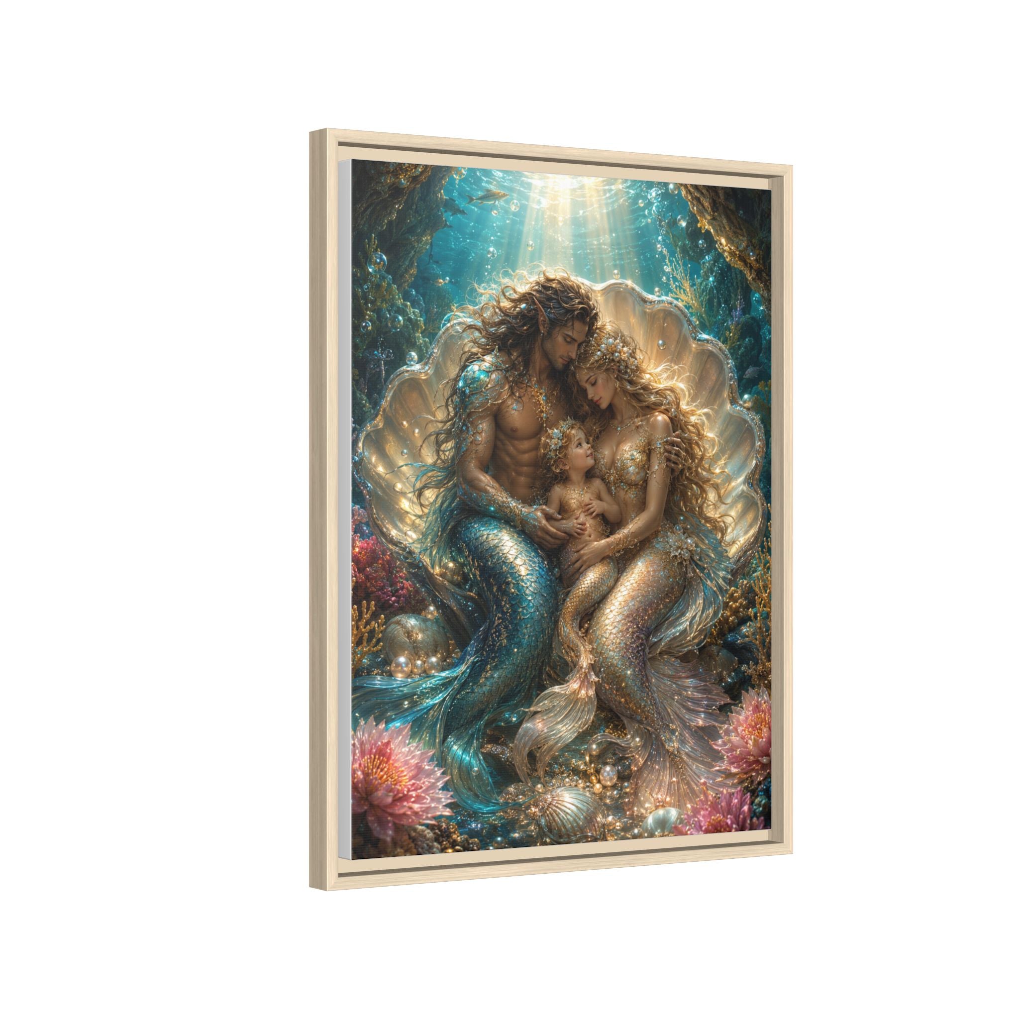 Framed Mermaid Family Art Print — Oceanic Fantasy Canvas Wall Decor