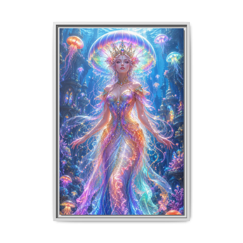 Jellyfish Queen Framed Canvas Art — Vibrant Mermaid Goddess Wall Print