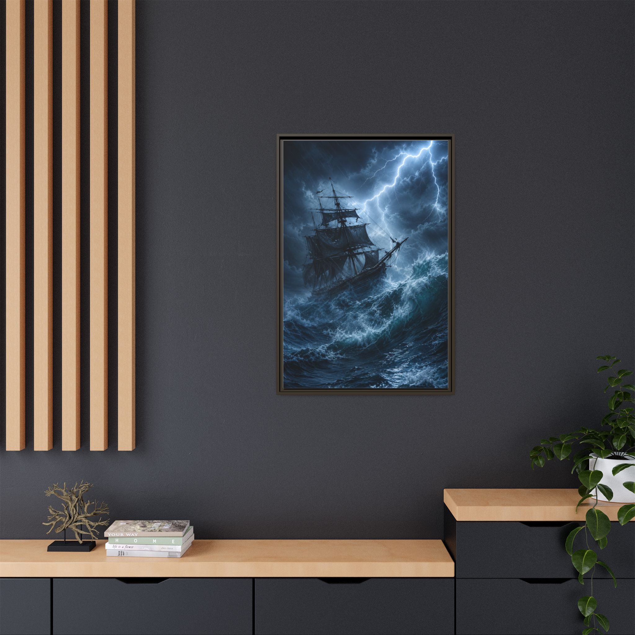 Stormy Seas Ship Painting — Framed Matte Canvas Wall Art