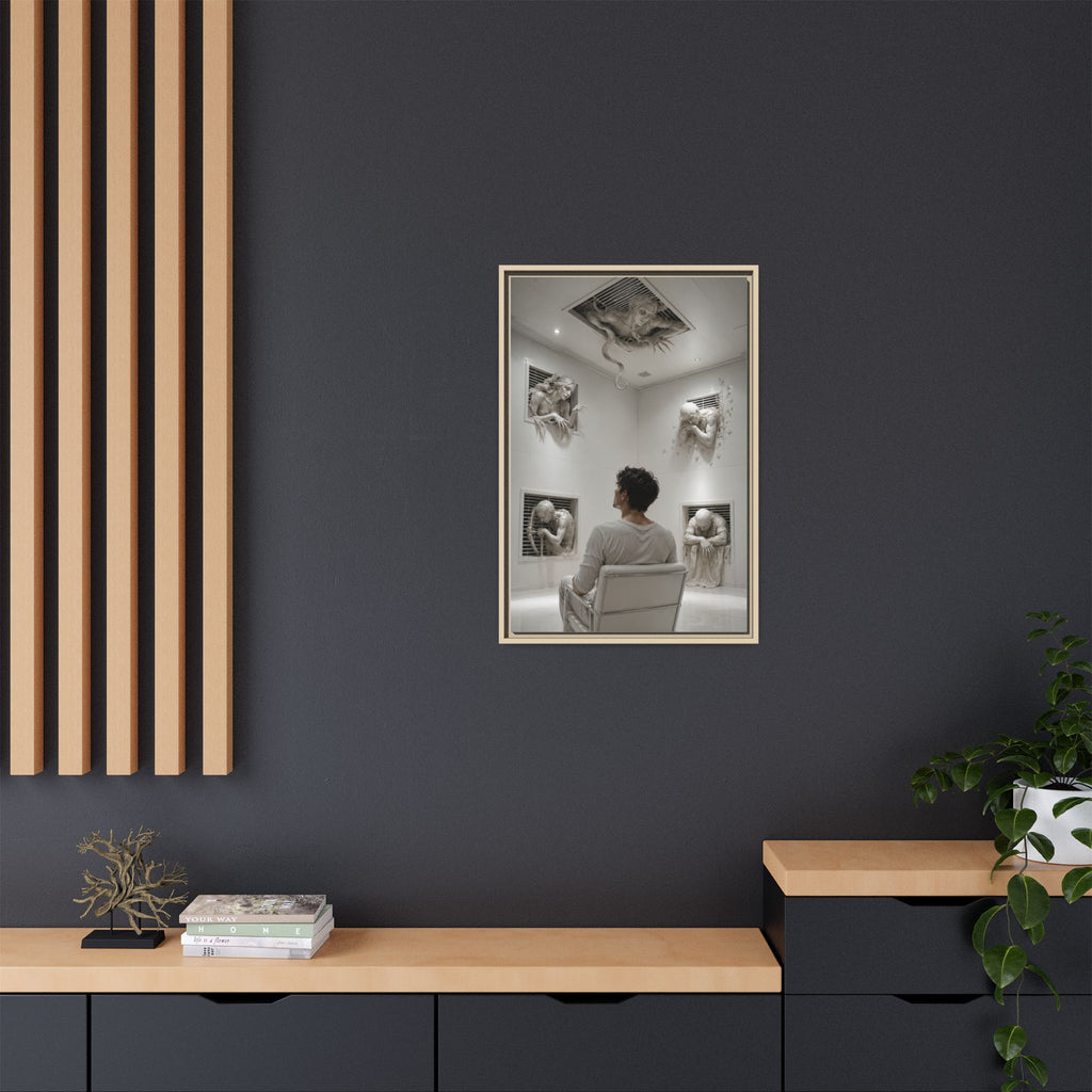 Surreal Wall Art Canvas — Man in Gallery with Sculpted Figures, Framed Matte Print