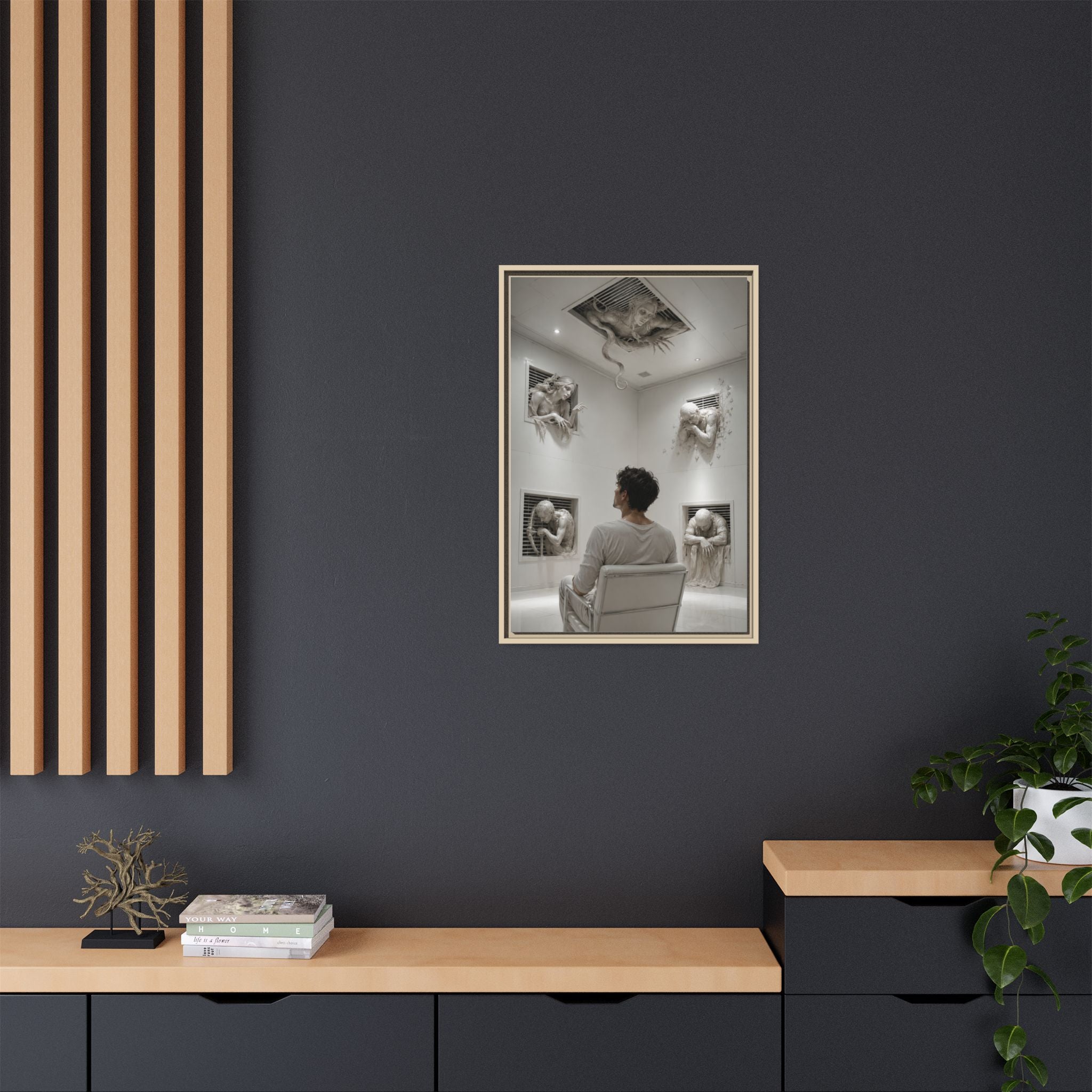 Surreal Wall Art Canvas — Man in Gallery with Sculpted Figures, Framed Matte Print