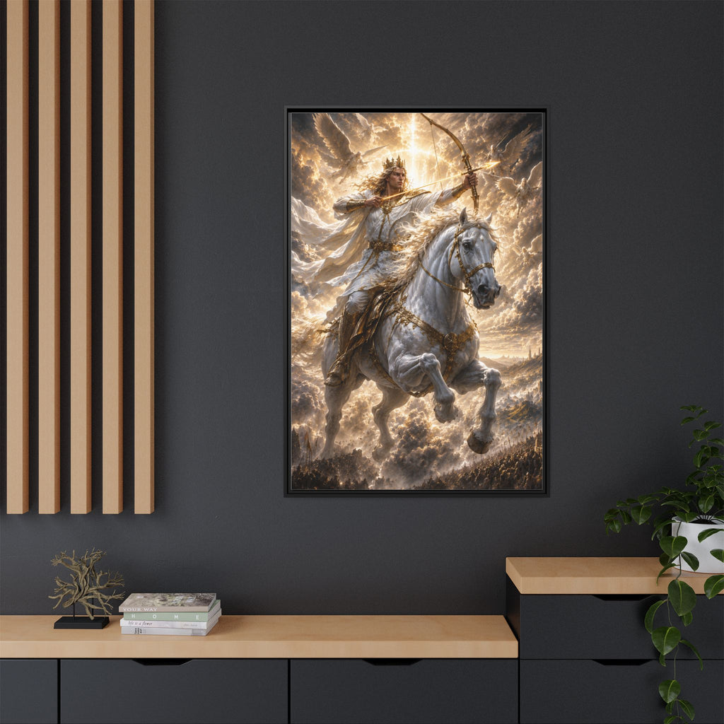 Mythic Warrior on White Steed — Framed Matte Canvas Wall Art