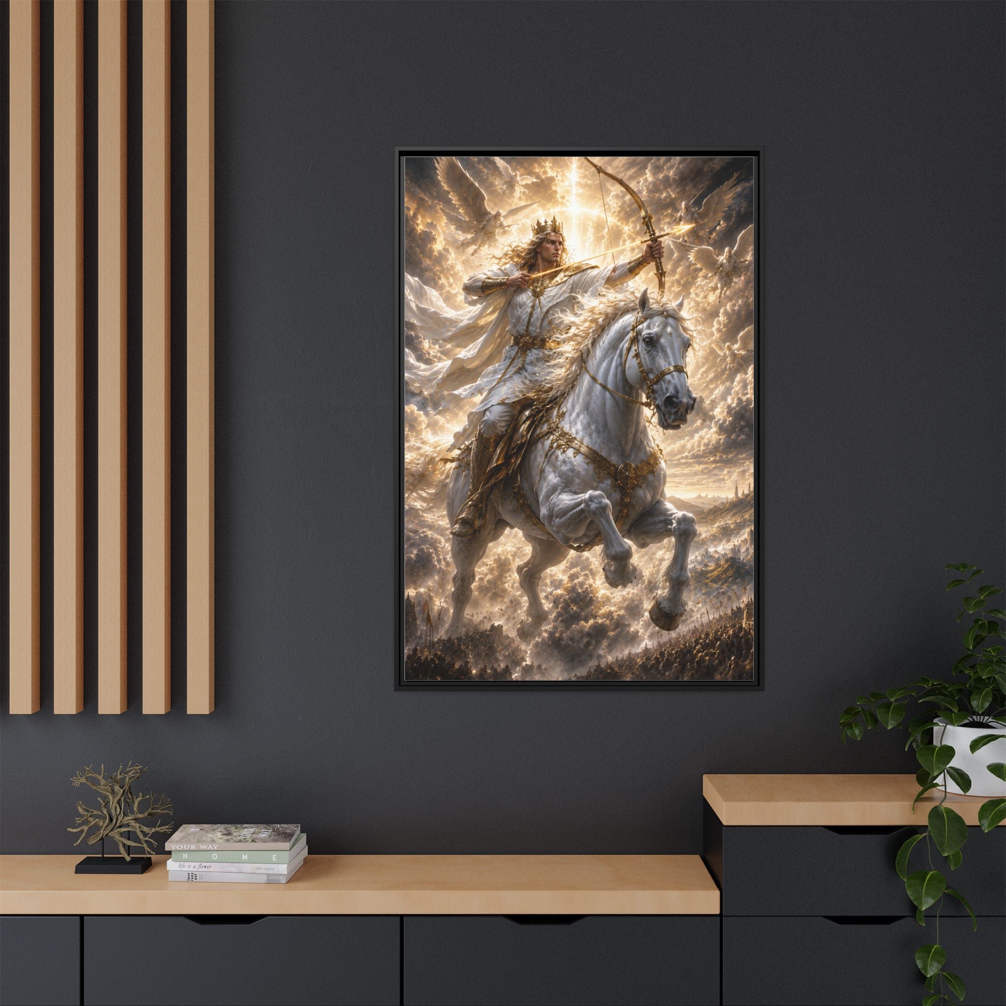 Mythic Warrior on White Steed — Framed Matte Canvas Wall Art