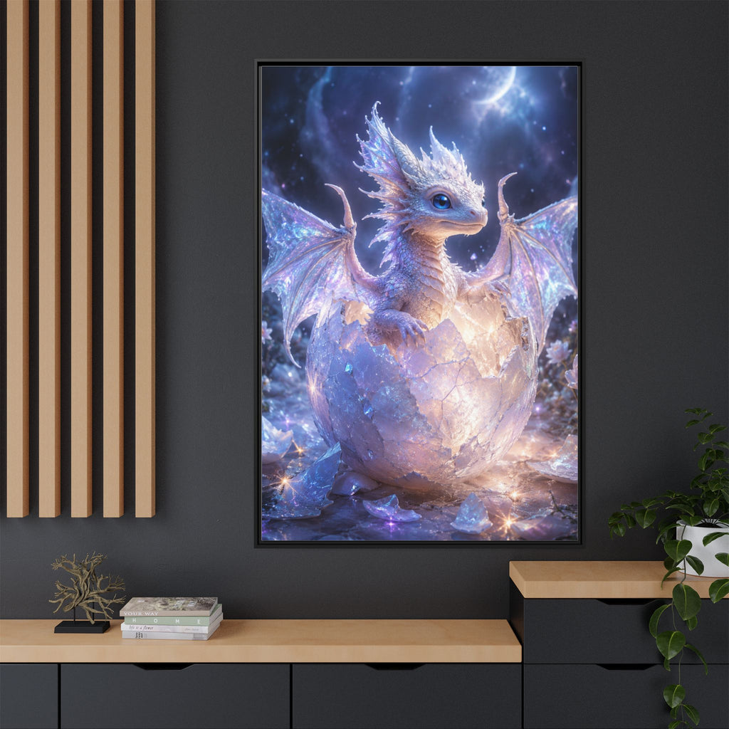 Framed Fantasy Dragon Canvas Print — Mystical Baby Dragon in Cracked Egg Wall Art