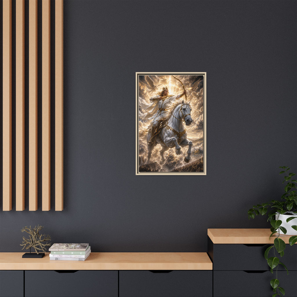 Mythic Warrior on White Steed — Framed Matte Canvas Wall Art