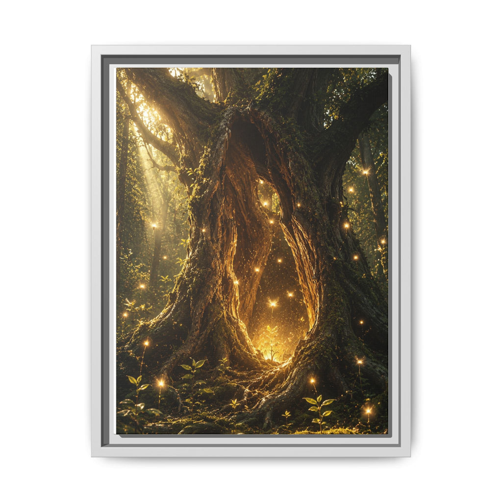 Framed Canvas Art - Enchanted Forest Tree with Glowing Fireflies