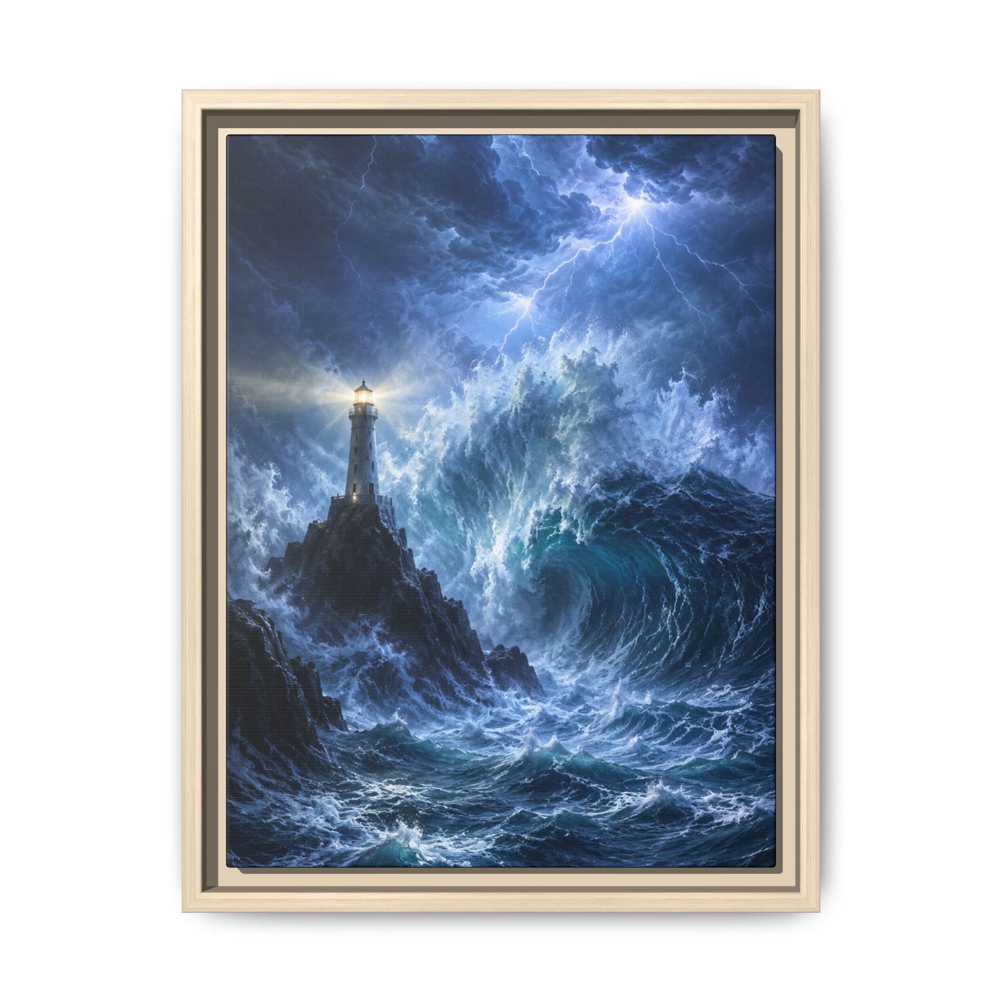 Framed Framed Canvas – Stormy Lighthouse Ocean Print