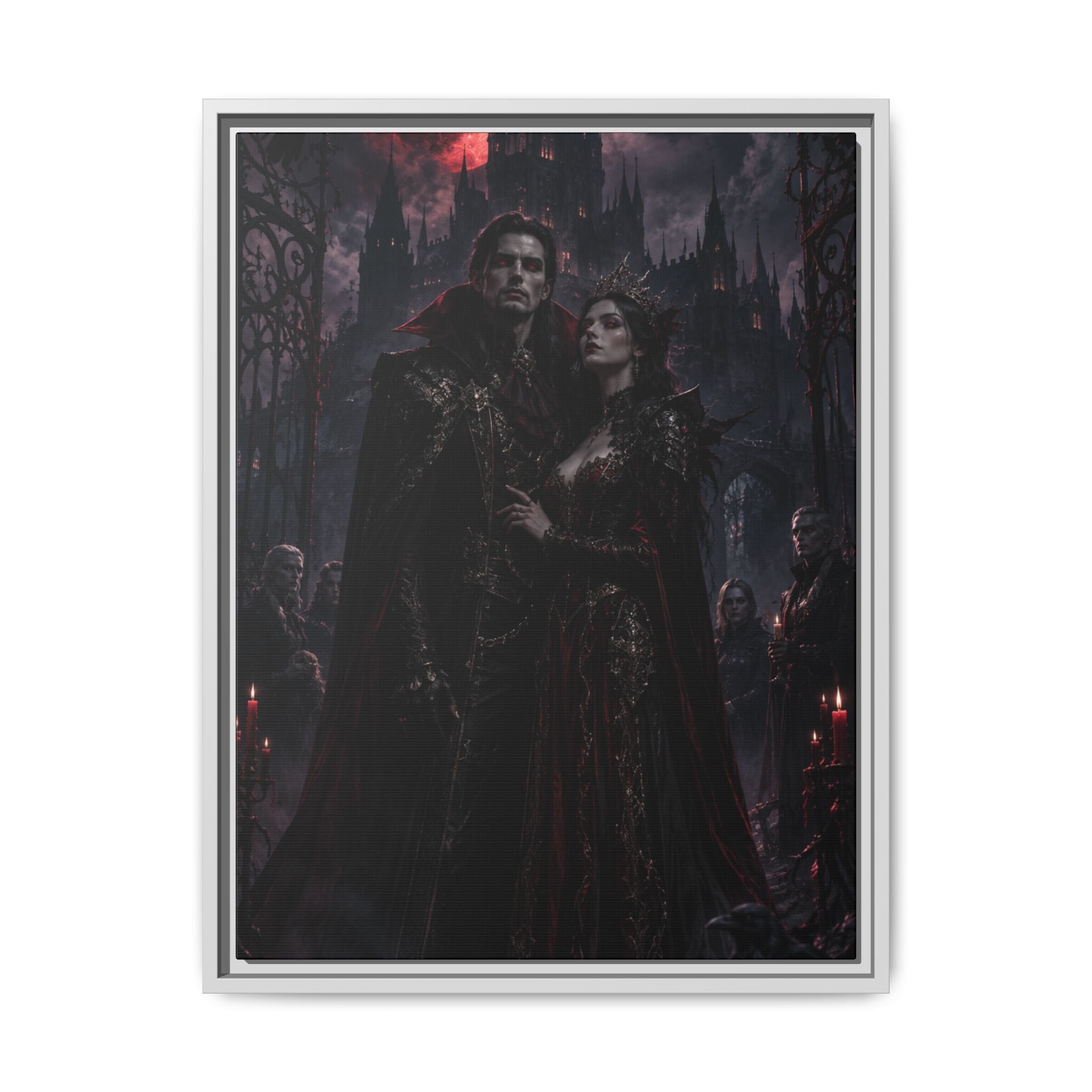 Vampire Couple Matte Fine Art Paper Print – Gothic Red Moon Wall Decor