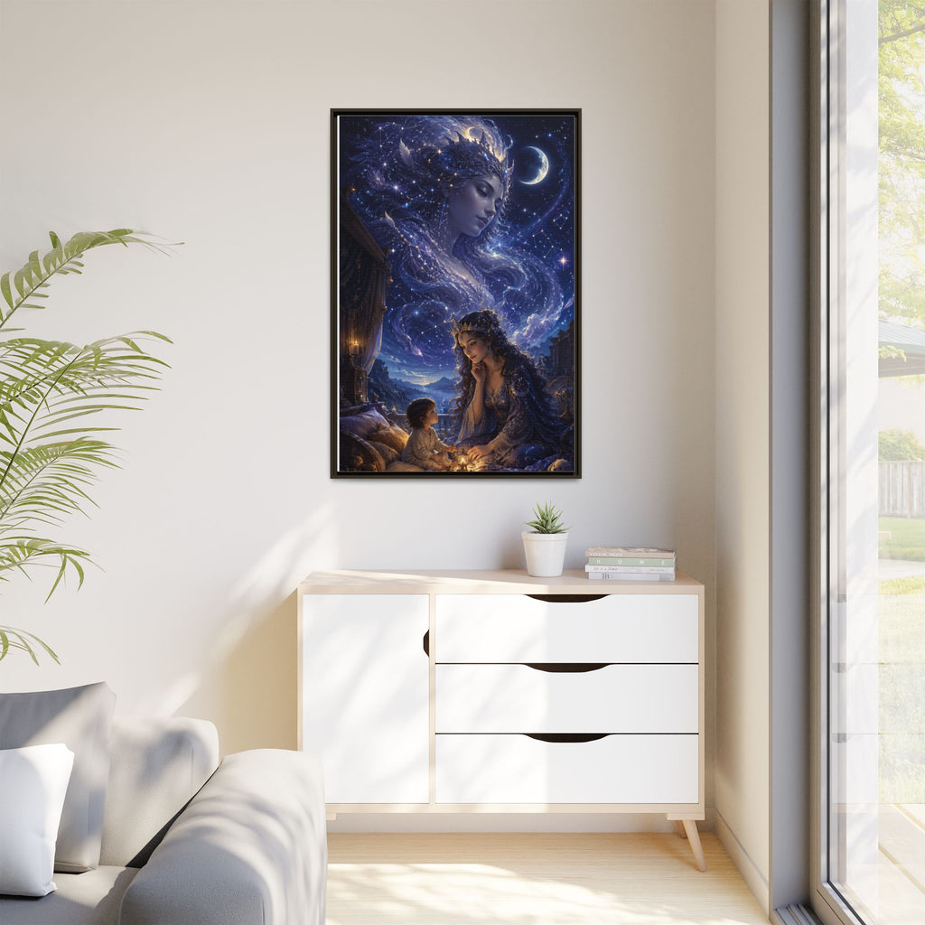 Framed Matte Canvas — Mystical Moon Mother & Child Nightscape Wall Art