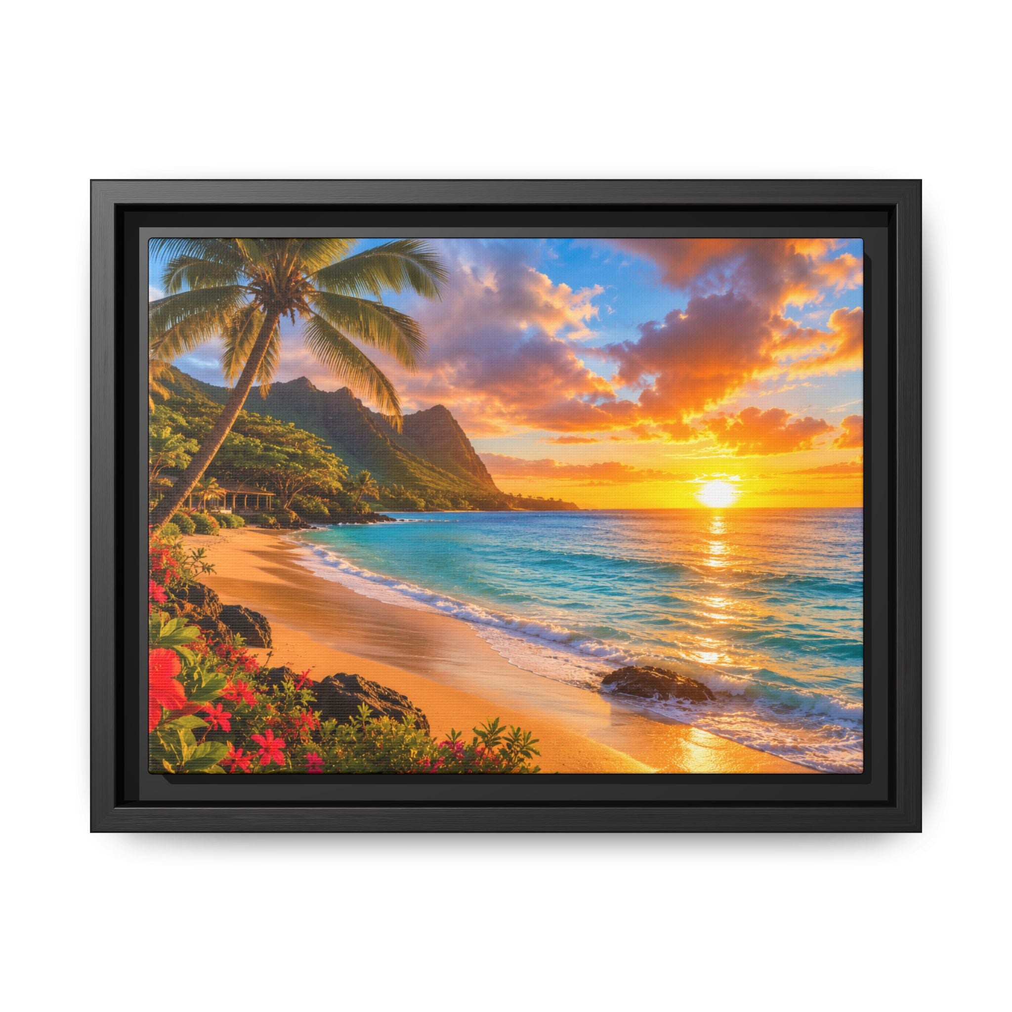 Framed Tropical Sunset Beach Canvas — Matte Wall Art