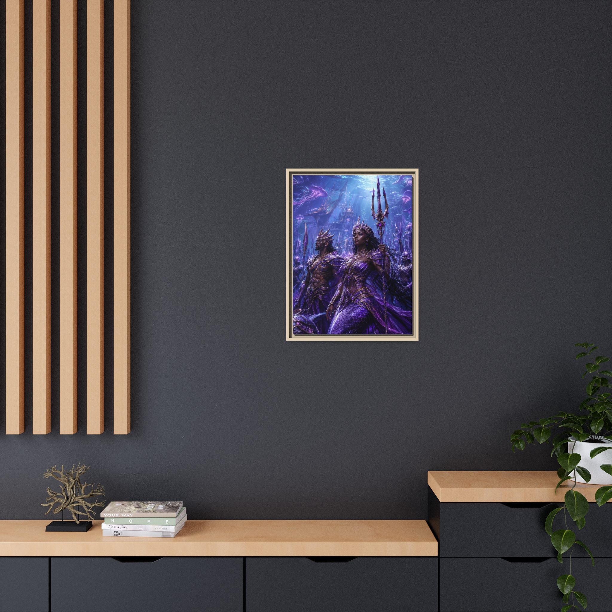 Framed Matte Canvas Print — Regal Underwater Merfolk Royalty (Purple)