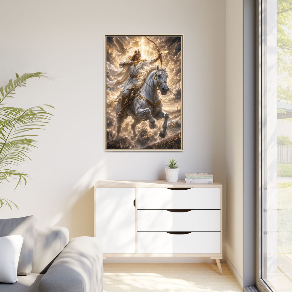 Mythic Warrior on White Steed — Framed Matte Canvas Wall Art