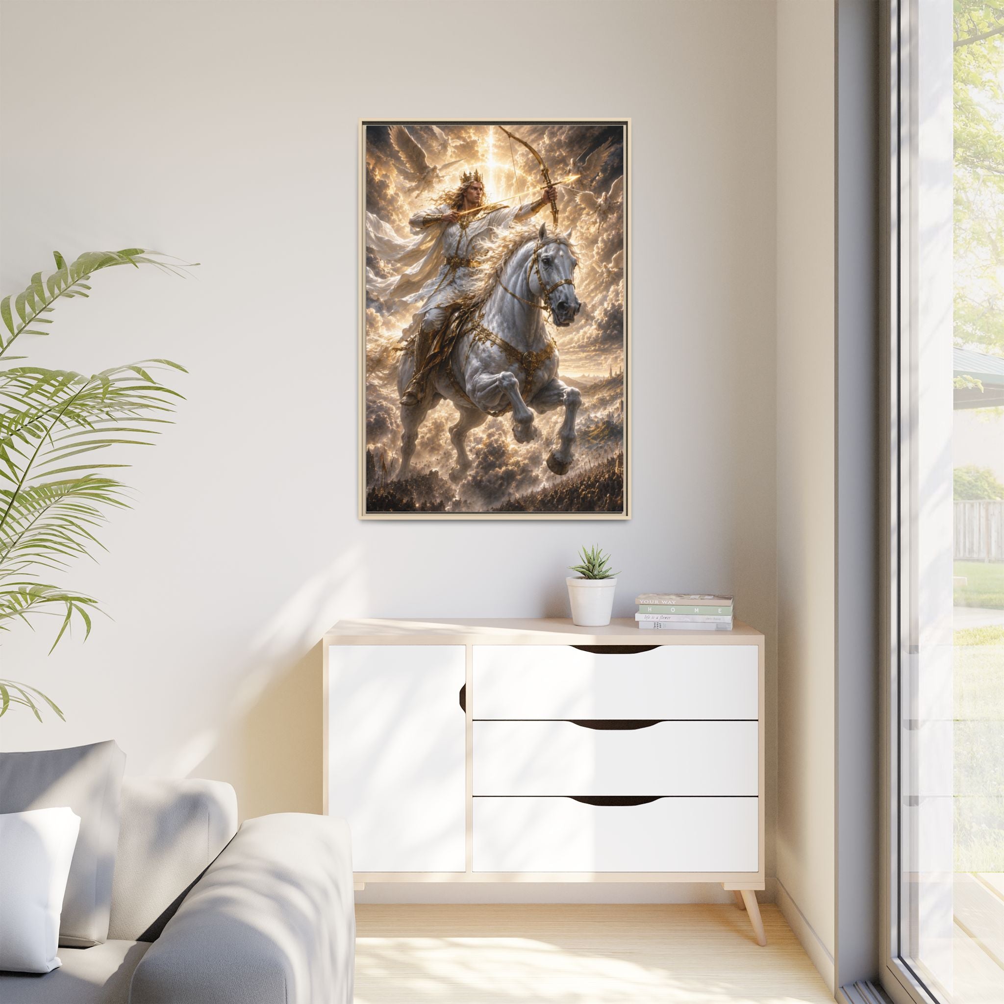 Mythic Warrior on White Steed — Framed Matte Canvas Wall Art