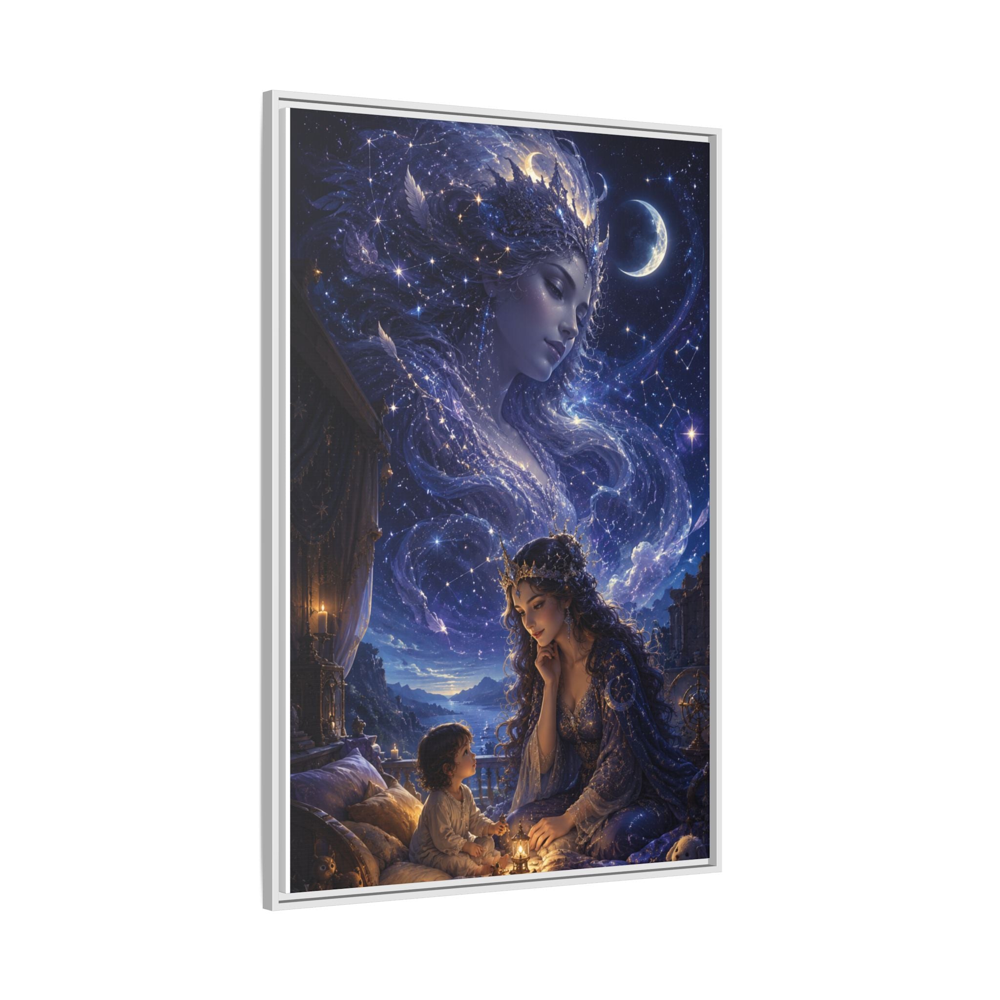 Framed Matte Canvas — Mystical Moon Mother & Child Nightscape Wall Art
