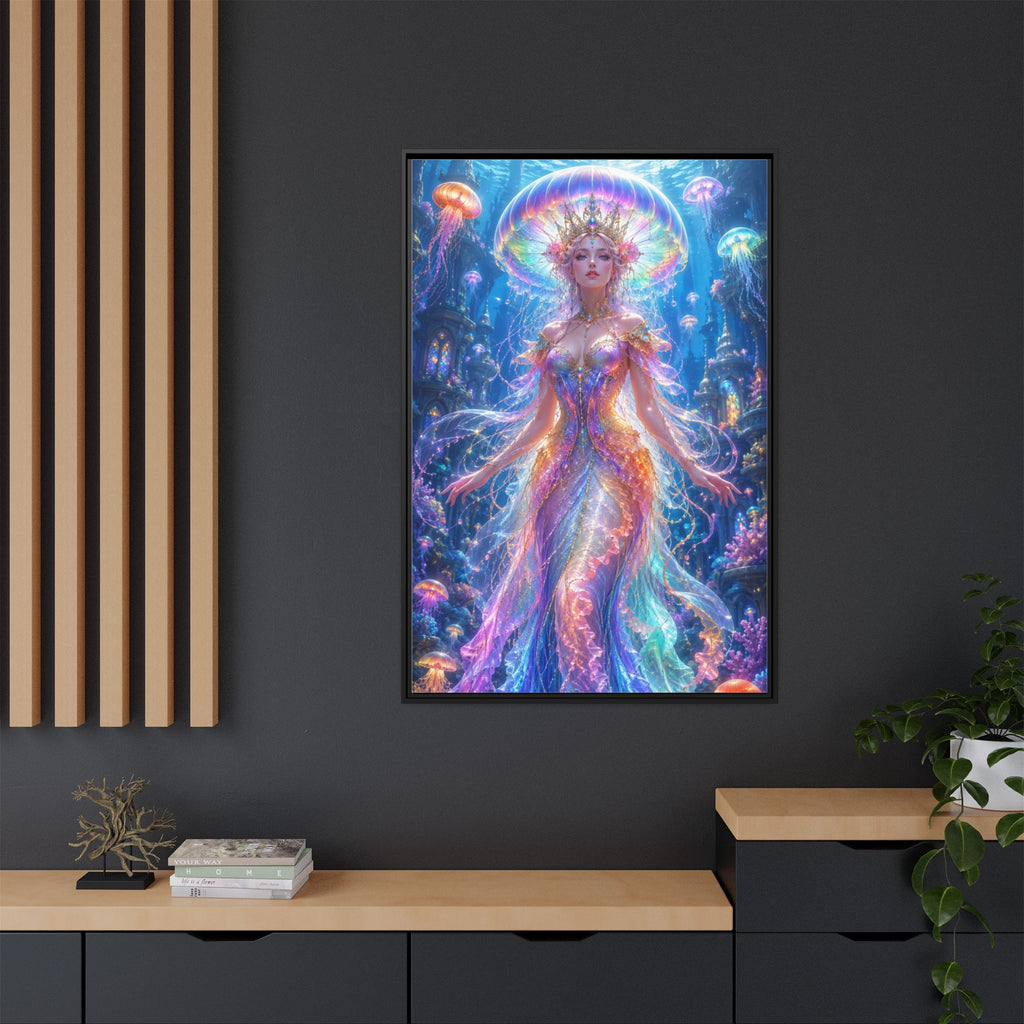 Jellyfish Queen Framed Canvas Art — Vibrant Mermaid Goddess Wall Print