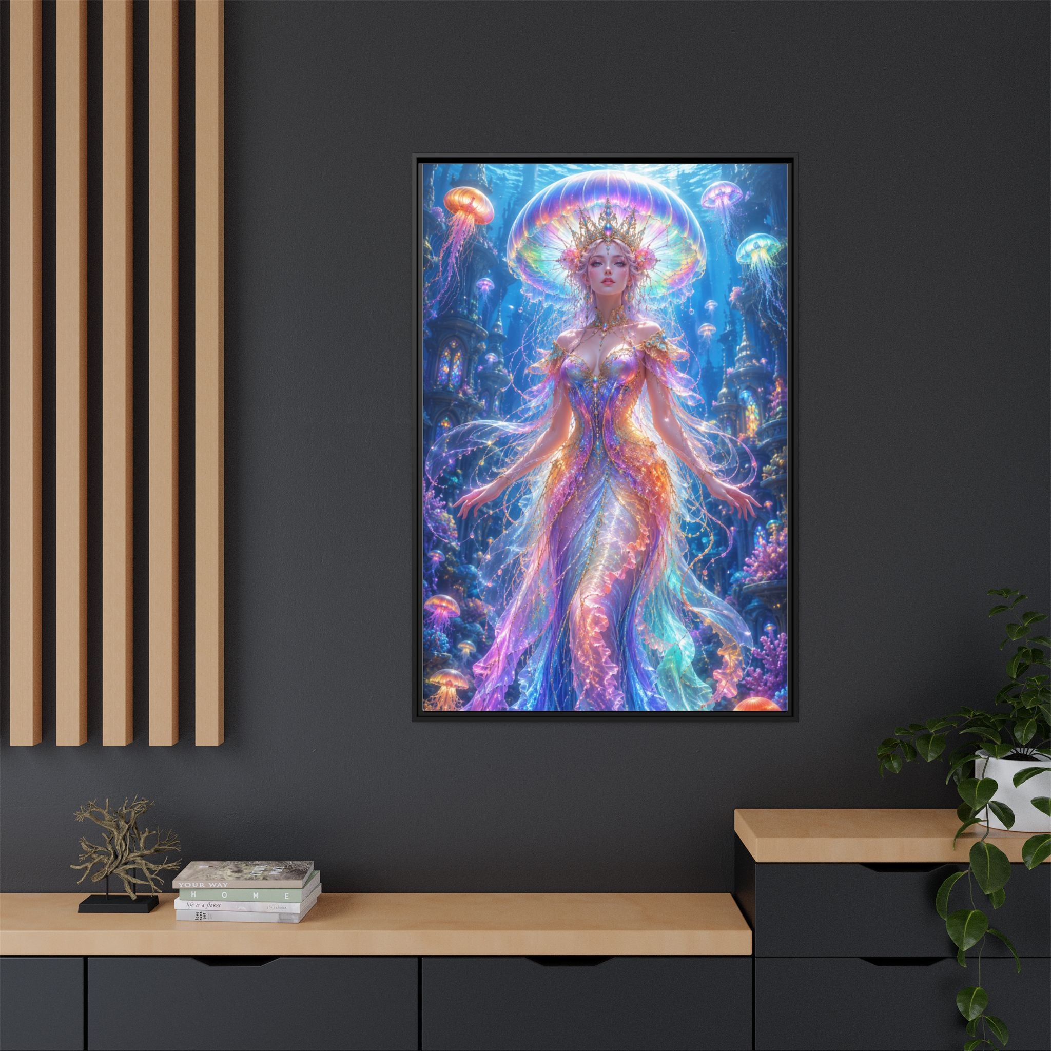 Jellyfish Queen Framed Canvas Art — Vibrant Mermaid Goddess Wall Print
