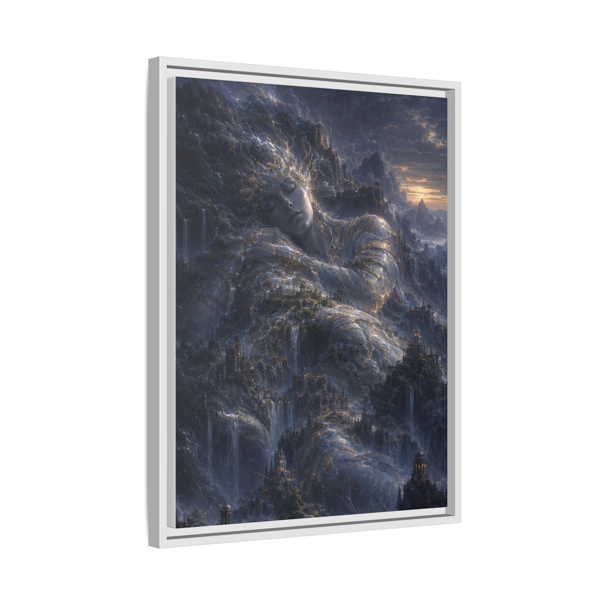 Framed Matte Canvas Wall Art — Misty Stormy Mountain Landscape