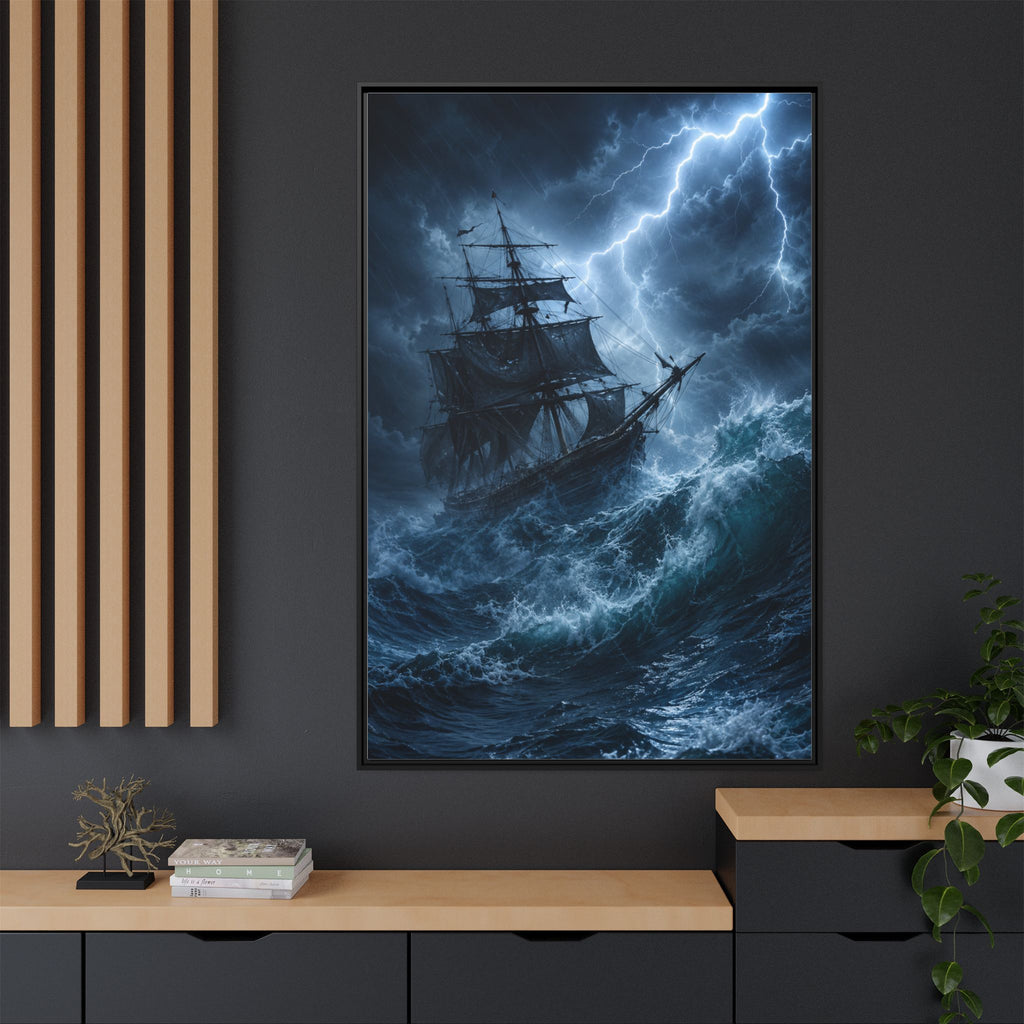 Stormy Seas Ship Painting — Framed Matte Canvas Wall Art