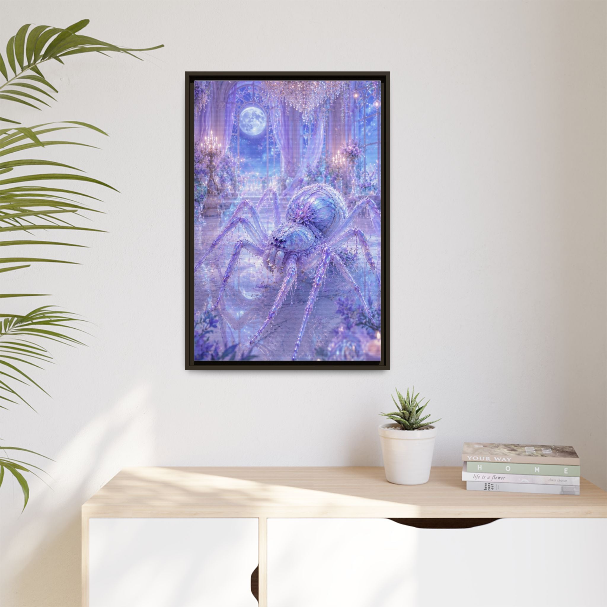 Moonlit Spider Fantasy Canvas Print — Lavender Enchanted Wall Art (Framed)
