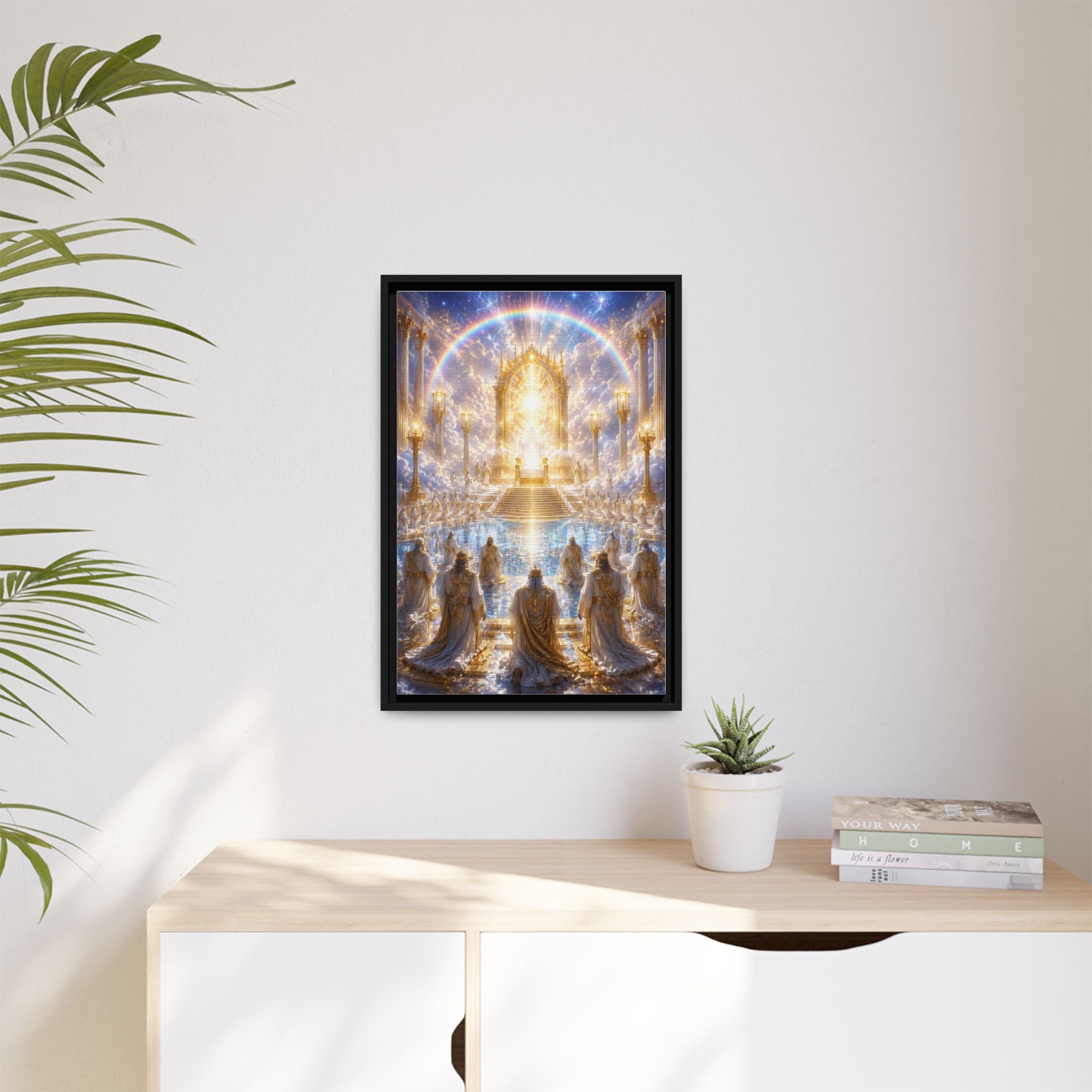 Heavenly Throne Room Matte Framed Canvas — Golden Angelic Realm Wall Art