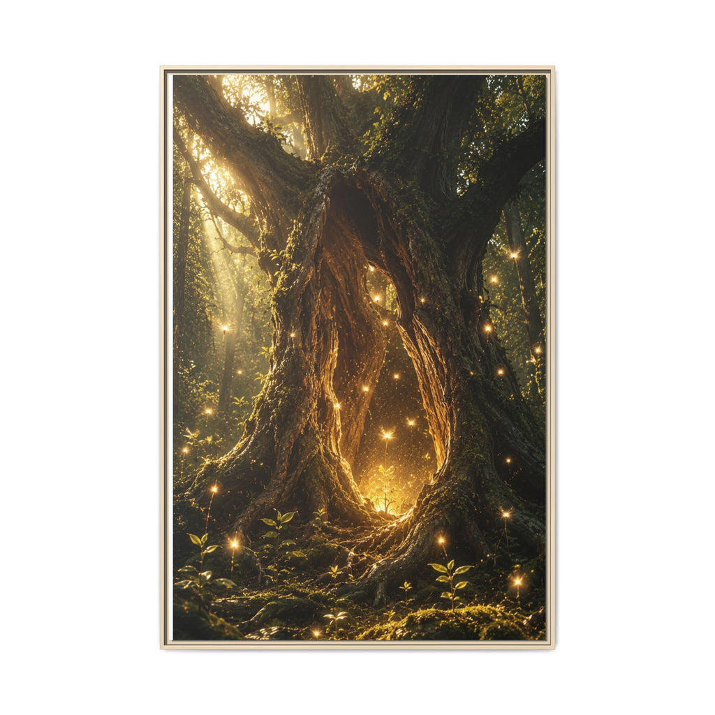 Framed Canvas Art - Enchanted Forest Tree with Glowing Fireflies