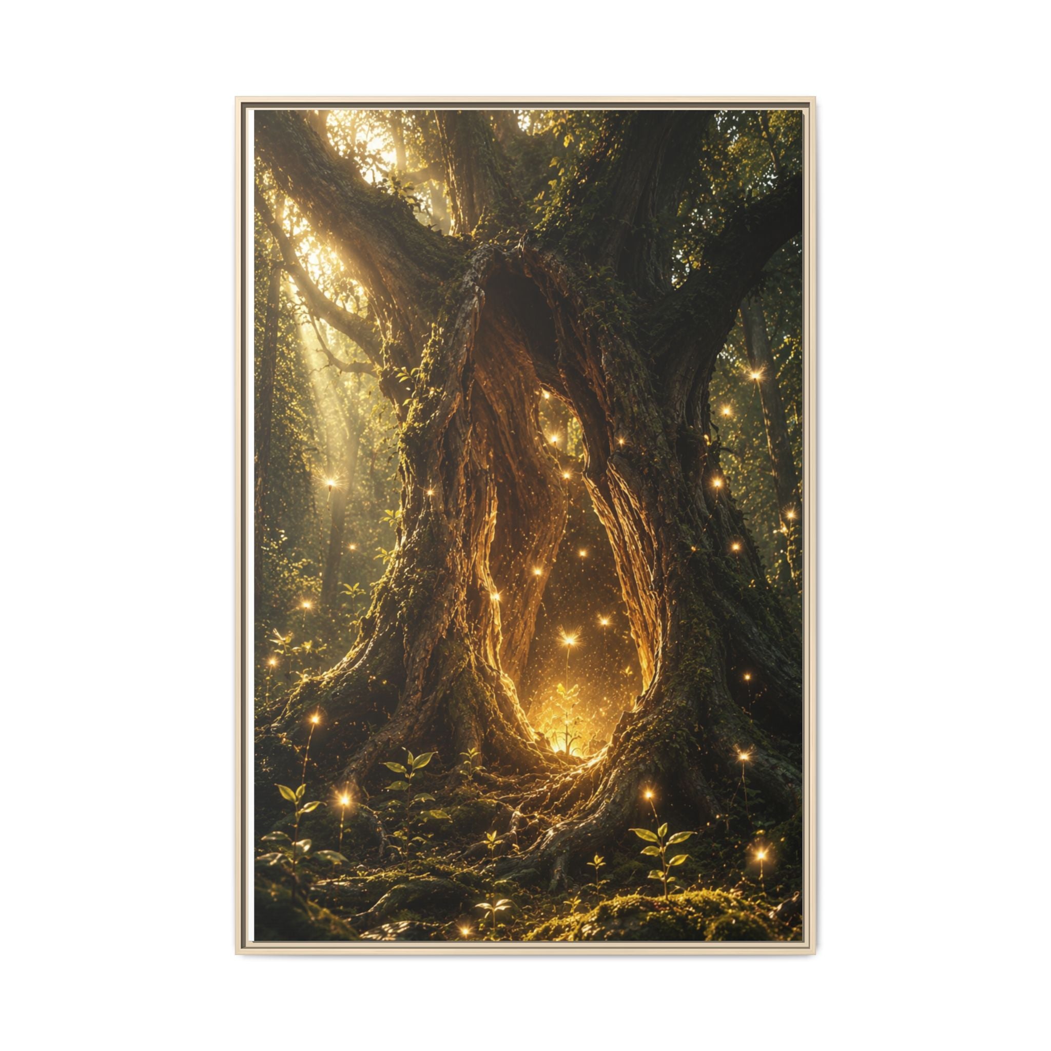 Framed Canvas Art - Enchanted Forest Tree with Glowing Fireflies