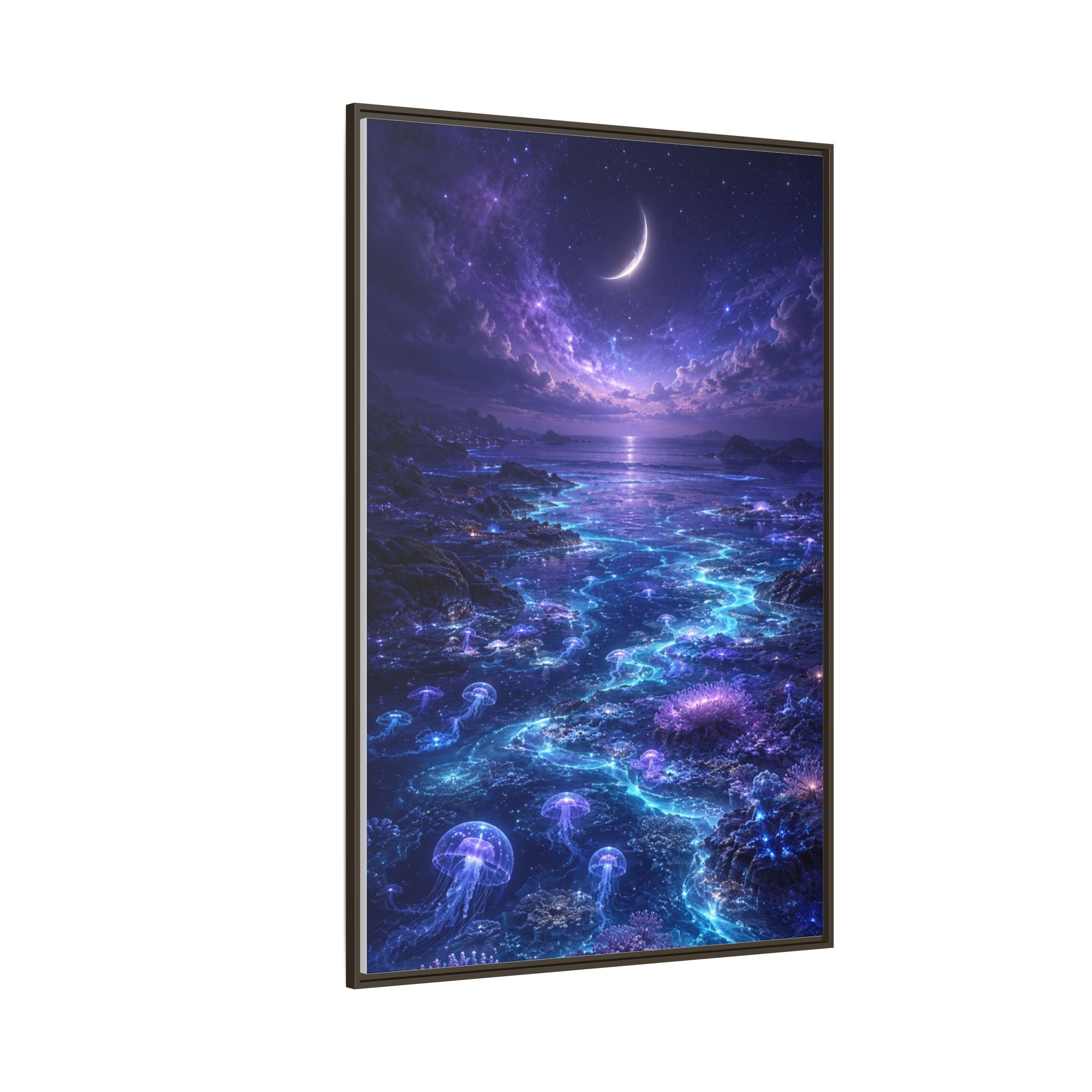 Framed Canvas Art — Bioluminescent Moonlit Ocean Scene