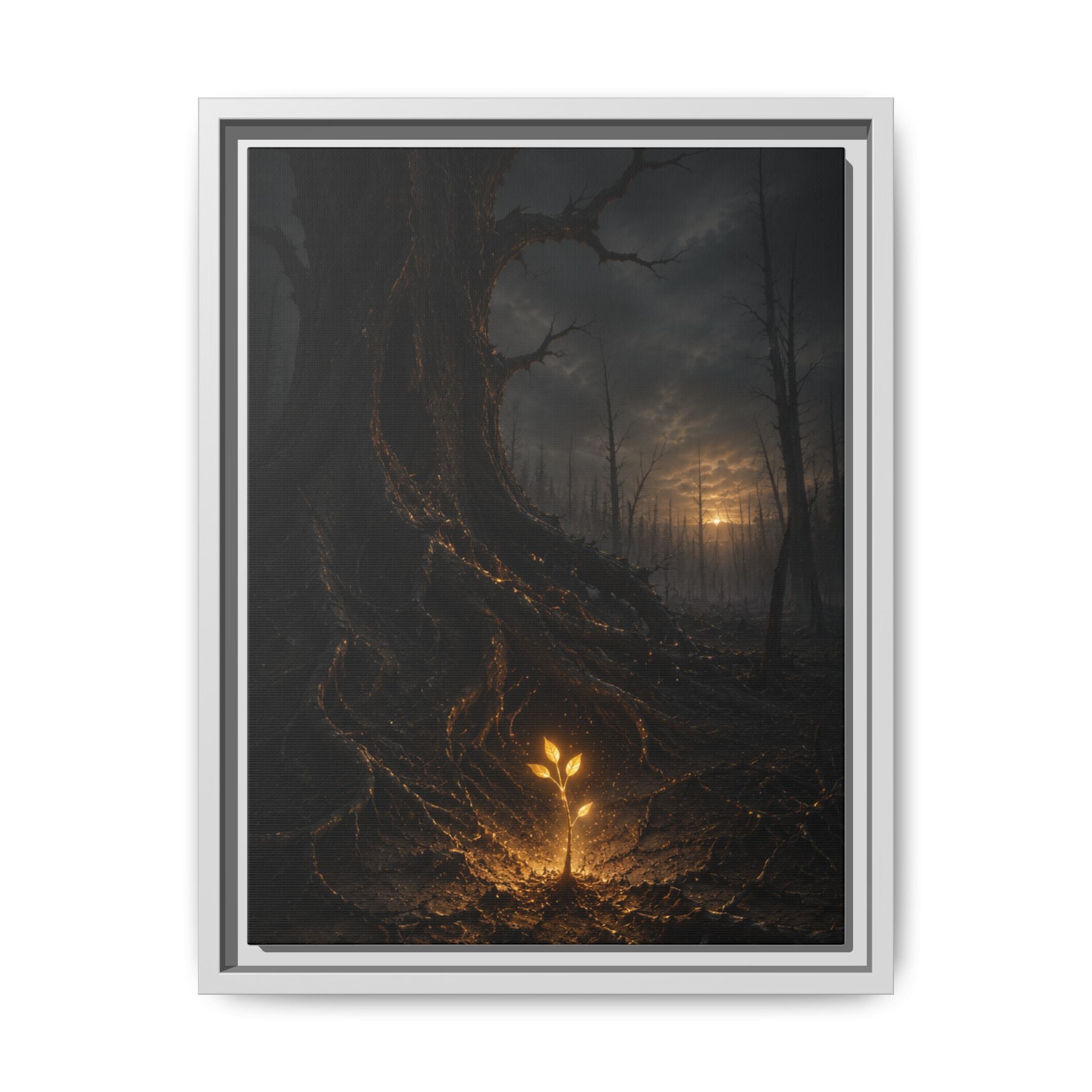 Framed Matte Canvas — Glow Sprout in Dark Forest (Ethereal Fantasy Wall Art)