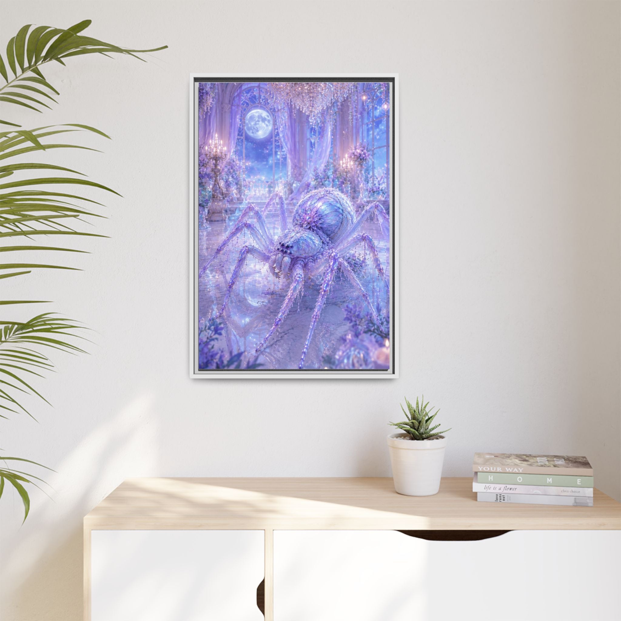 Moonlit Spider Fantasy Canvas Print — Lavender Enchanted Wall Art (Framed)